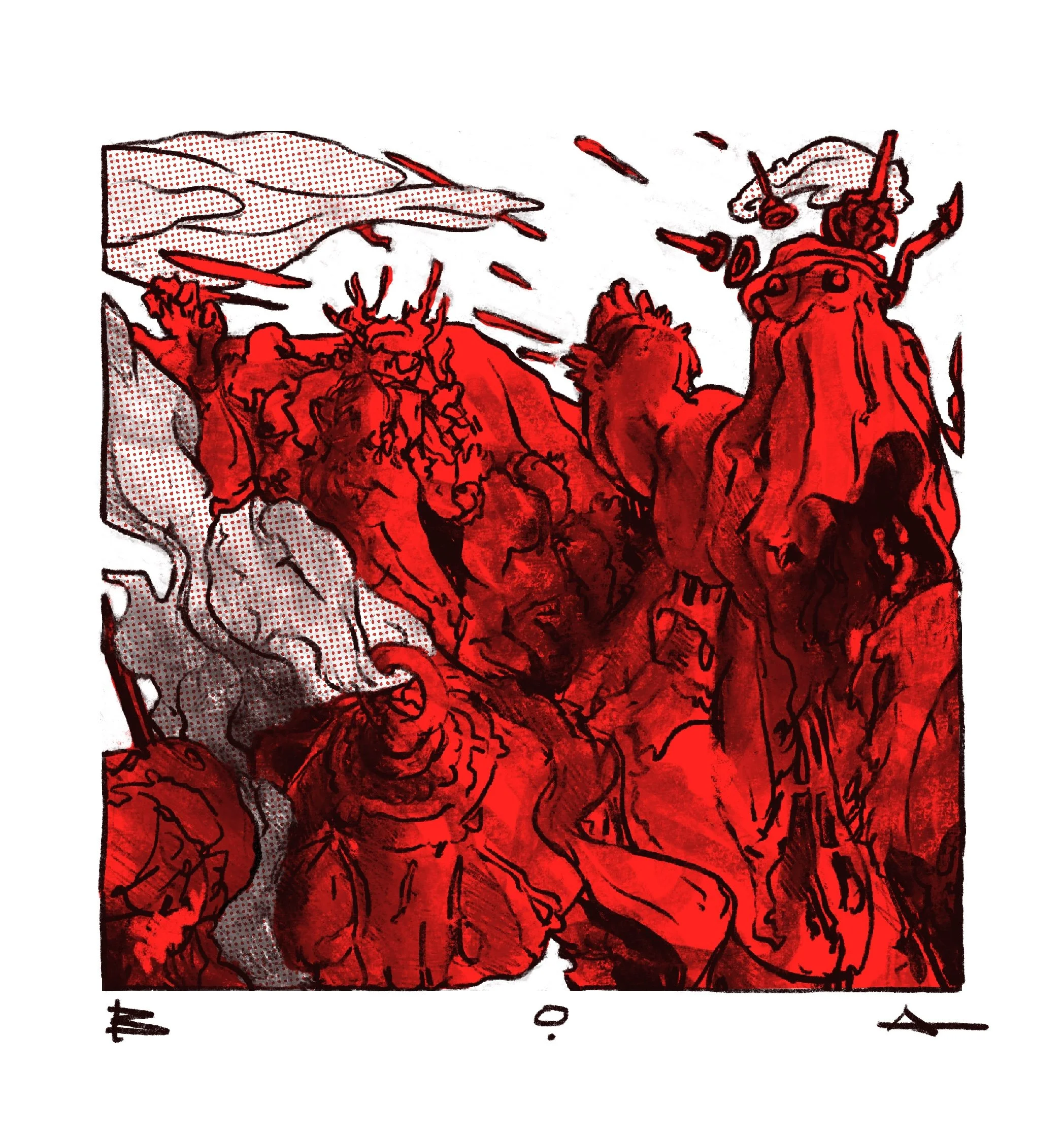 A red and black abstract drawing of a fiery scene with monstrous figures, clouds, and lightning.