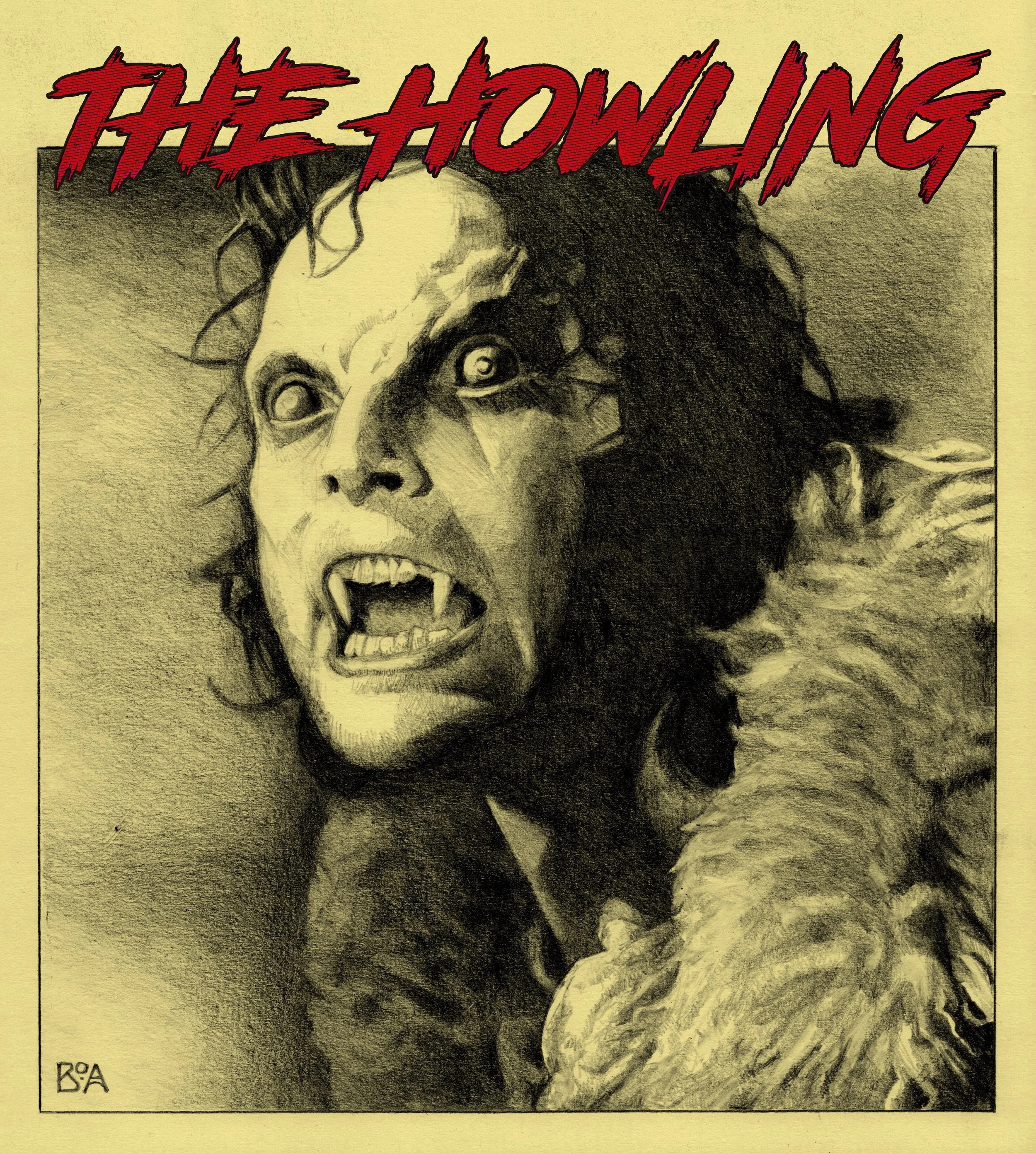 Black and white illustration of a werewolf with monstrous features, sharp teeth, and glowing eyes, with red text reading 'THE HOWLING' at the top.