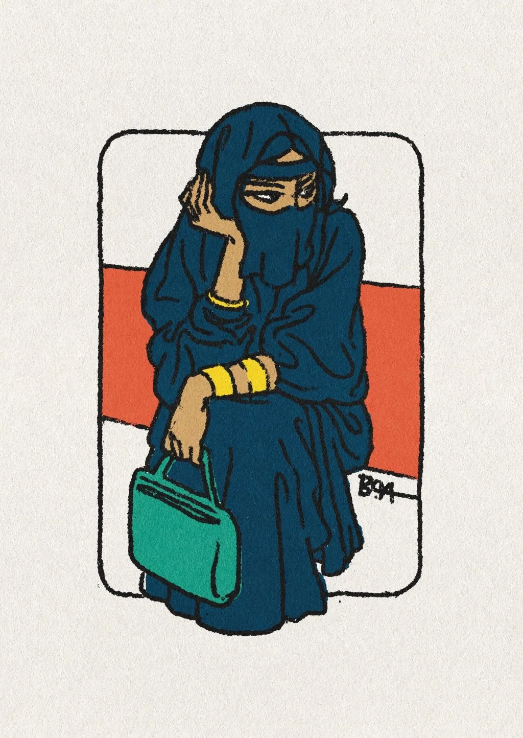 A woman wearing a blue hijab and face covering, sitting on a bench, holding a green handbag, with a white, red, and black background.