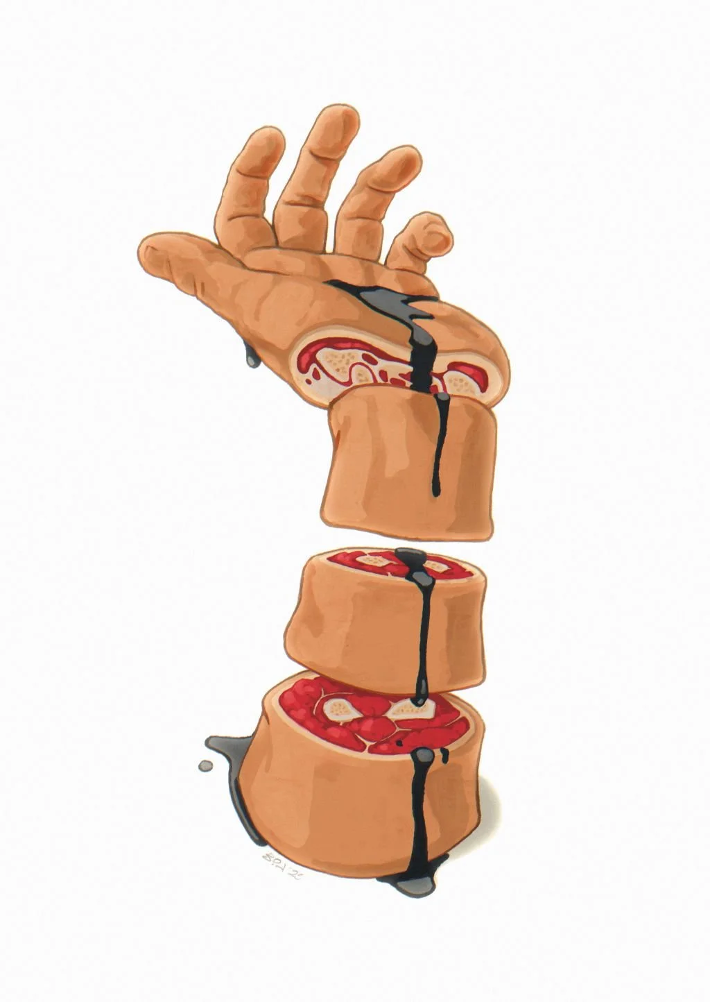 A digital illustration of a hand with fingers extended and slightly bent, disassembled into slices with black syrup dripping from each slice.