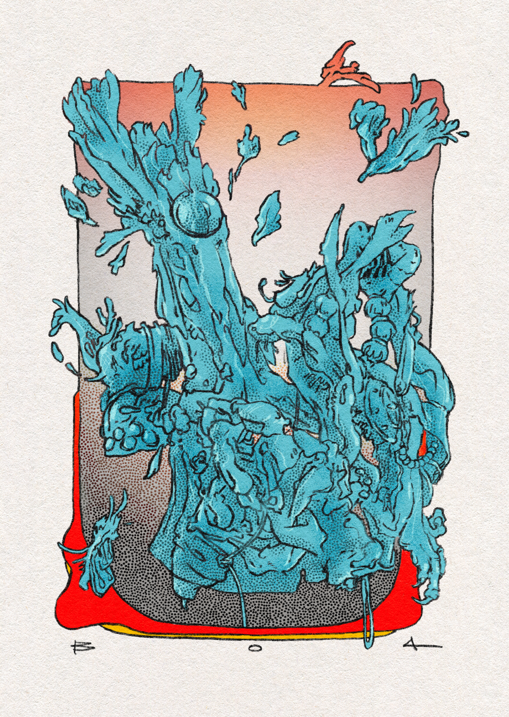 A colorful illustration of a blue, organic, tree-like sculpture made of intertwined branches and leaves, placed in a black pot lined with red fabric.