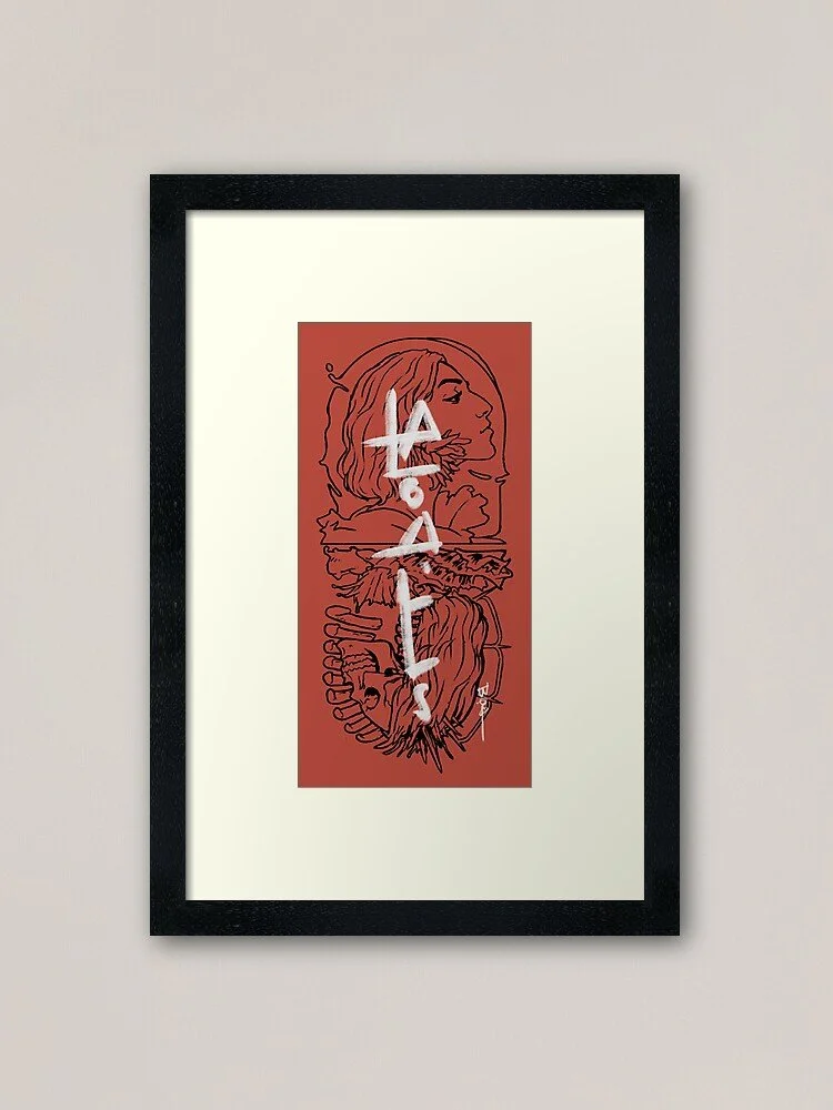 Framed artwork featuring a line drawing of a woman and a man in profile, layered over a red background, with the word "SALE" written vertically in white across the center.