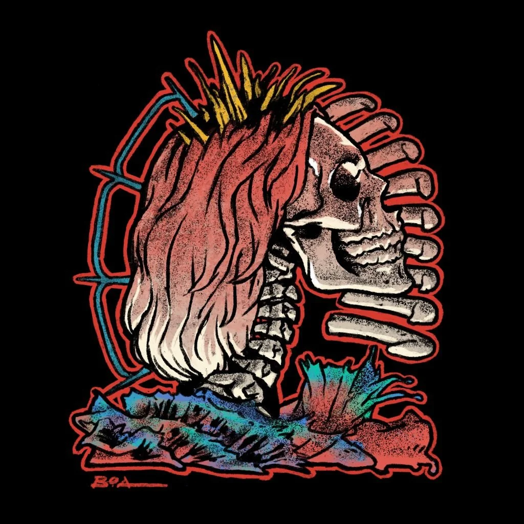 Digital illustration of a human skull with long hair, surrounded by colorful abstract lines and shapes, against a black background.