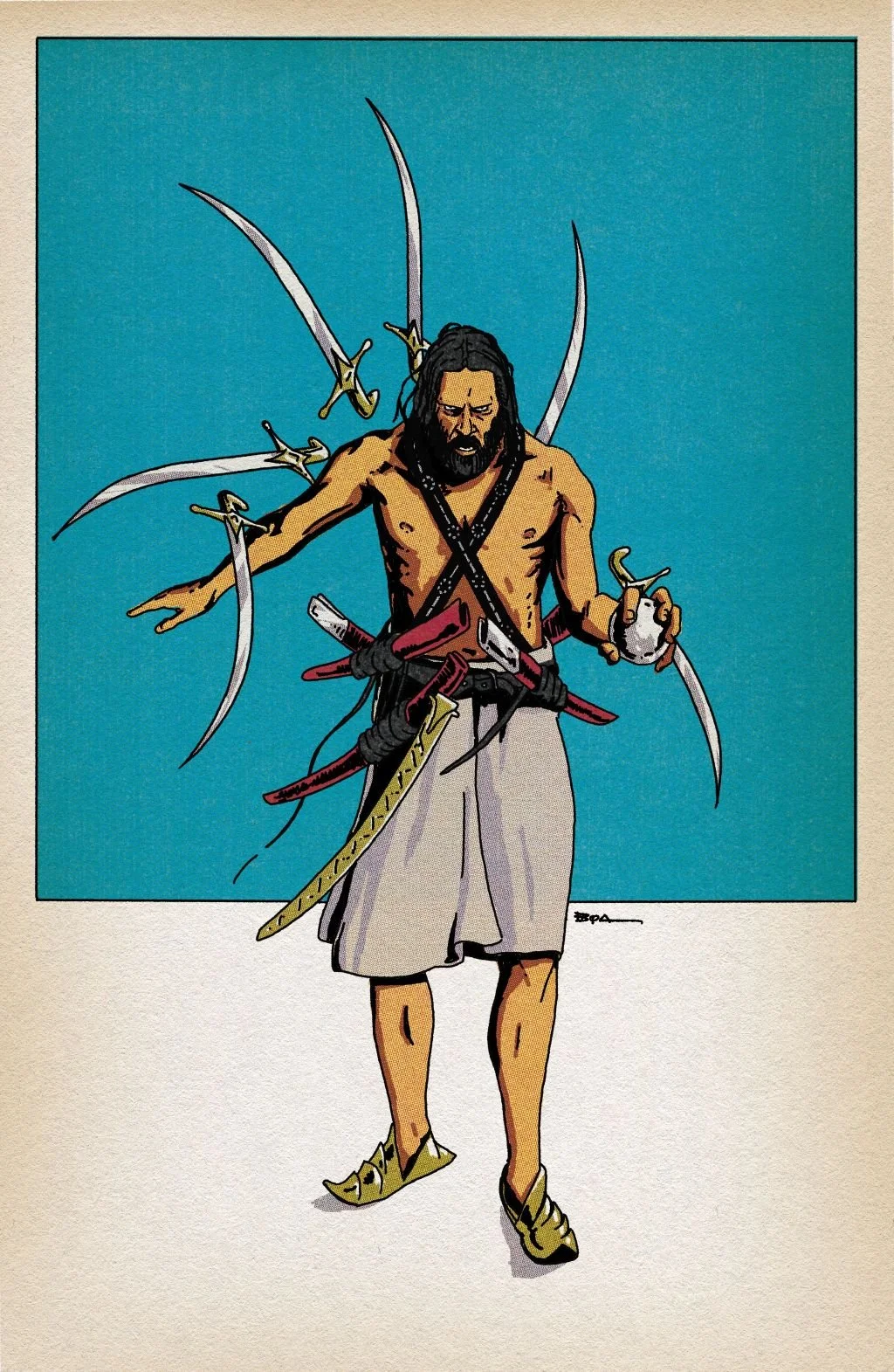 Illustration of a warrior with multiple swords on his back, wearing a dhoti, and holding a small bowl in his right hand.