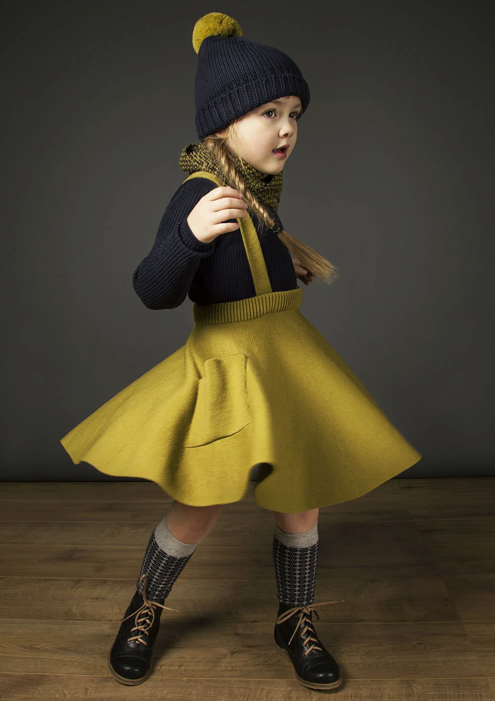 WEB - TROELLI SKIRT - SYLFAEN SKINNY RIB - OTTO BOBBLE BEANIE - OCHRE - SOFT NAVY. TEIFI SOCKS - WARM GREY - MIDNIGHT.jpg