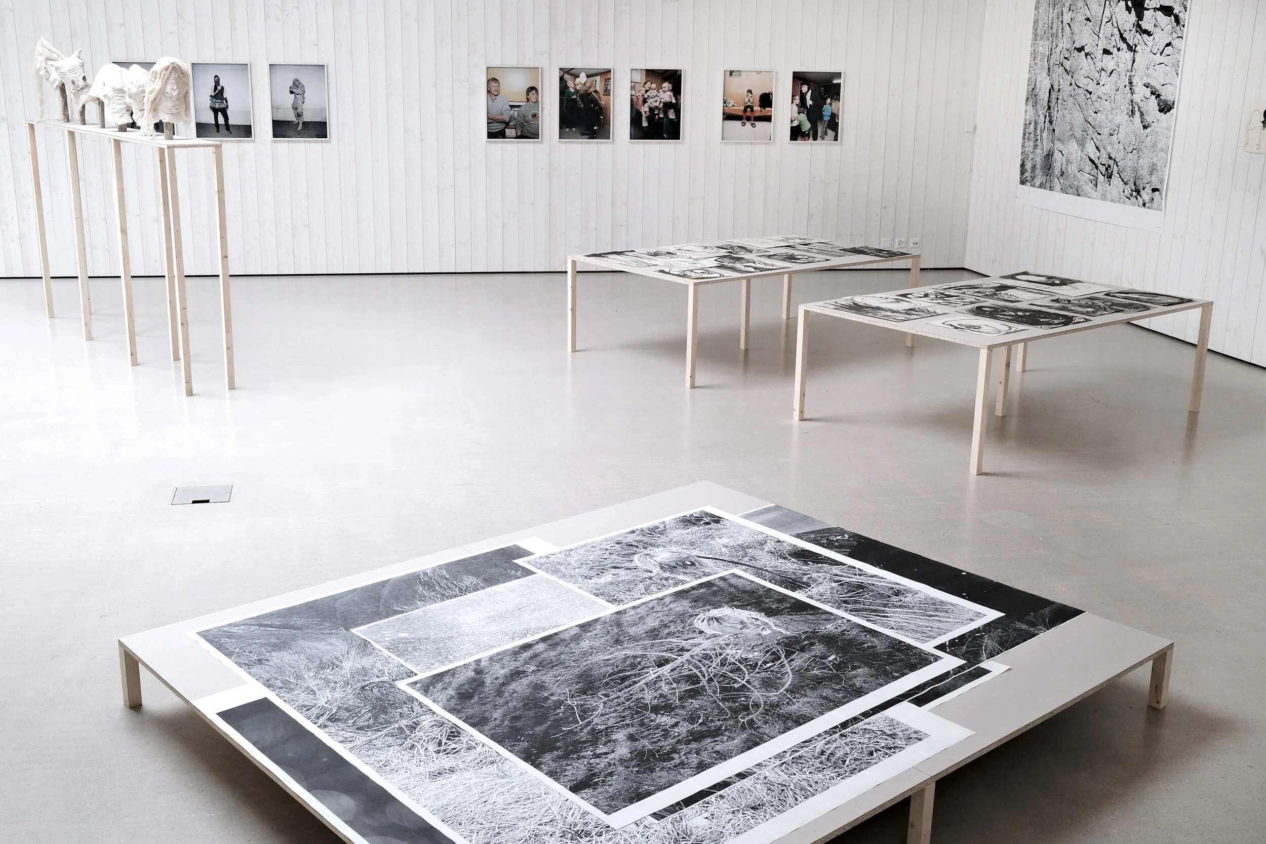  Ausstellungsansicht  Winkelriedhaus, Nidwaldner Museum, Stans 2021  Tisch vorne:  Aus der Serie Dall’ Alto  2016 - 2019 / Laserducke zusammengeklebt 