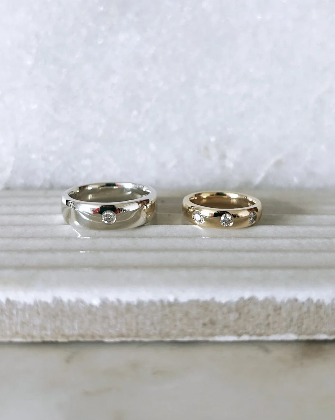 Wedding rings don&rsquo;t have to be identical to belong together. 🤍

We love designing pairs that feel as individual as the two people wearing them &mdash; connected by a shared detail, but entirely their own. Same thought, different expression.