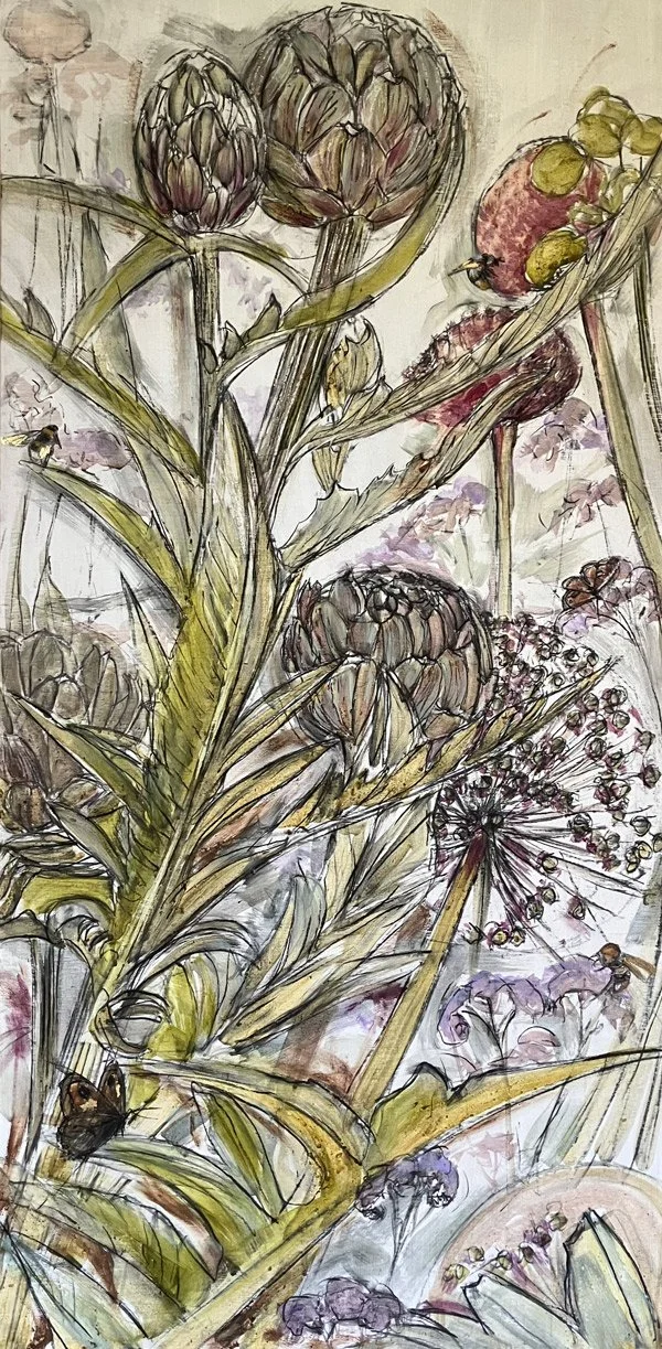 Globe Artichoke, allium and bees.jpg