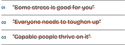 List with three quotes, each crossed out: 'Some stress is good for you,' 'Everyone needs to toughen up,' and 'Capable people thrive on it.'
