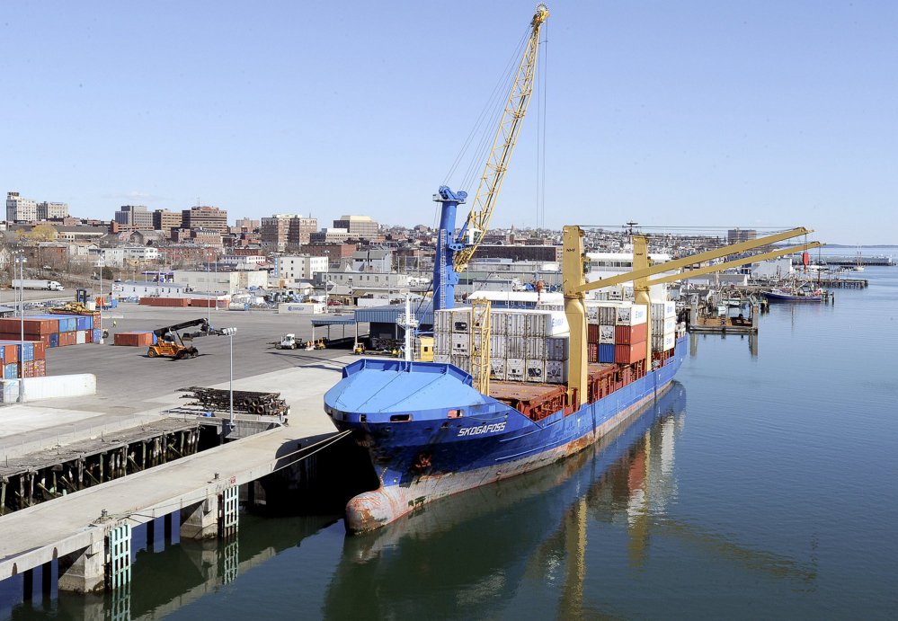 An Eimskip container ship, the Skogafoss, is docked at the Portland International Marine Terminal in 2013. A jump in Maine's exports to six of the Arctic Council's other member nations is directly attributable to Eimskip's arrival in Maine. File photo/John Patriquin