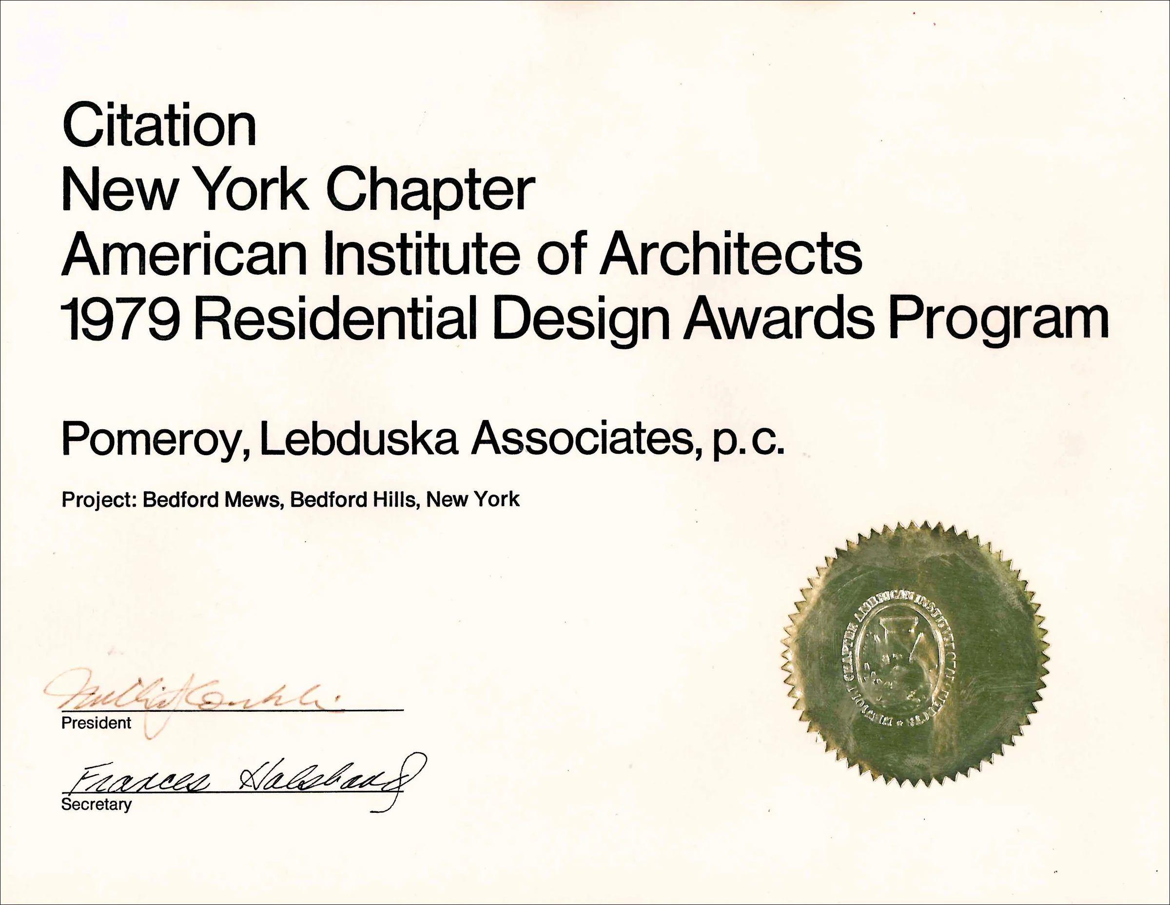 1979 AIA NY Citation Bedford Mews