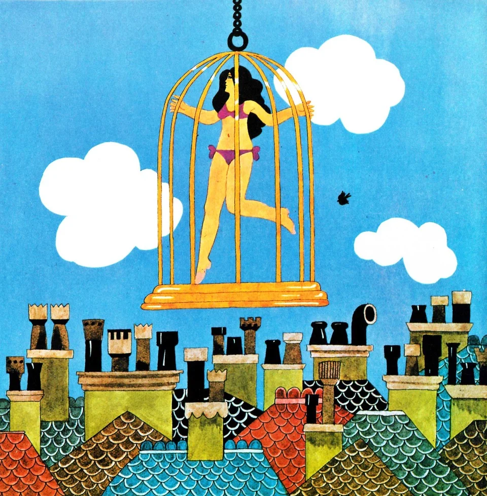 Theatrical publicity stunts accompanied the opening of new boutiques. For the launch of Lady Jane’s Birdcage in 1966, the owners put a bikini-clad model in a cage and hoisted it above the street.