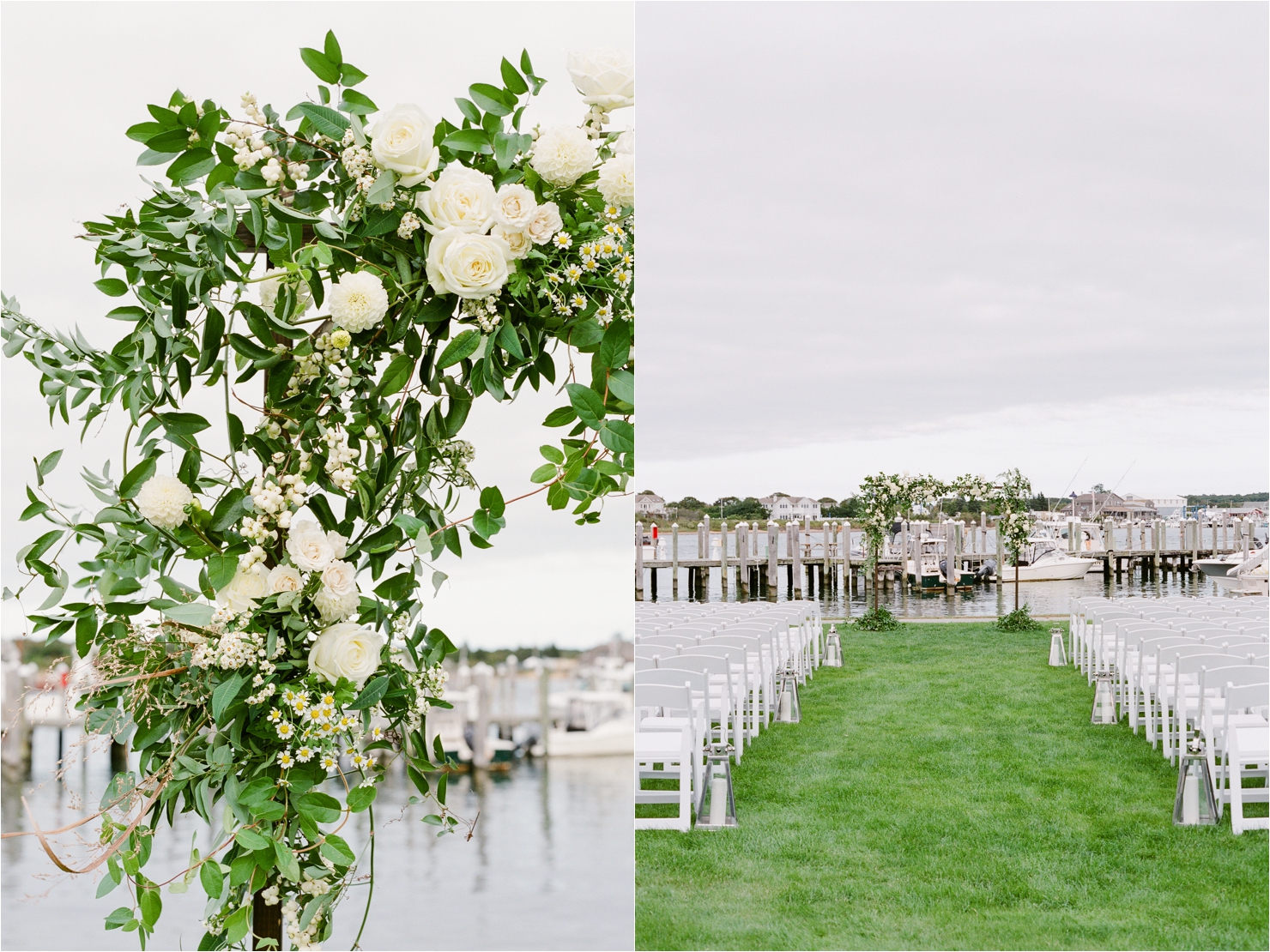 Green and White Floral Arch by AvaFloral Gurneys Star Island Wedding Photos