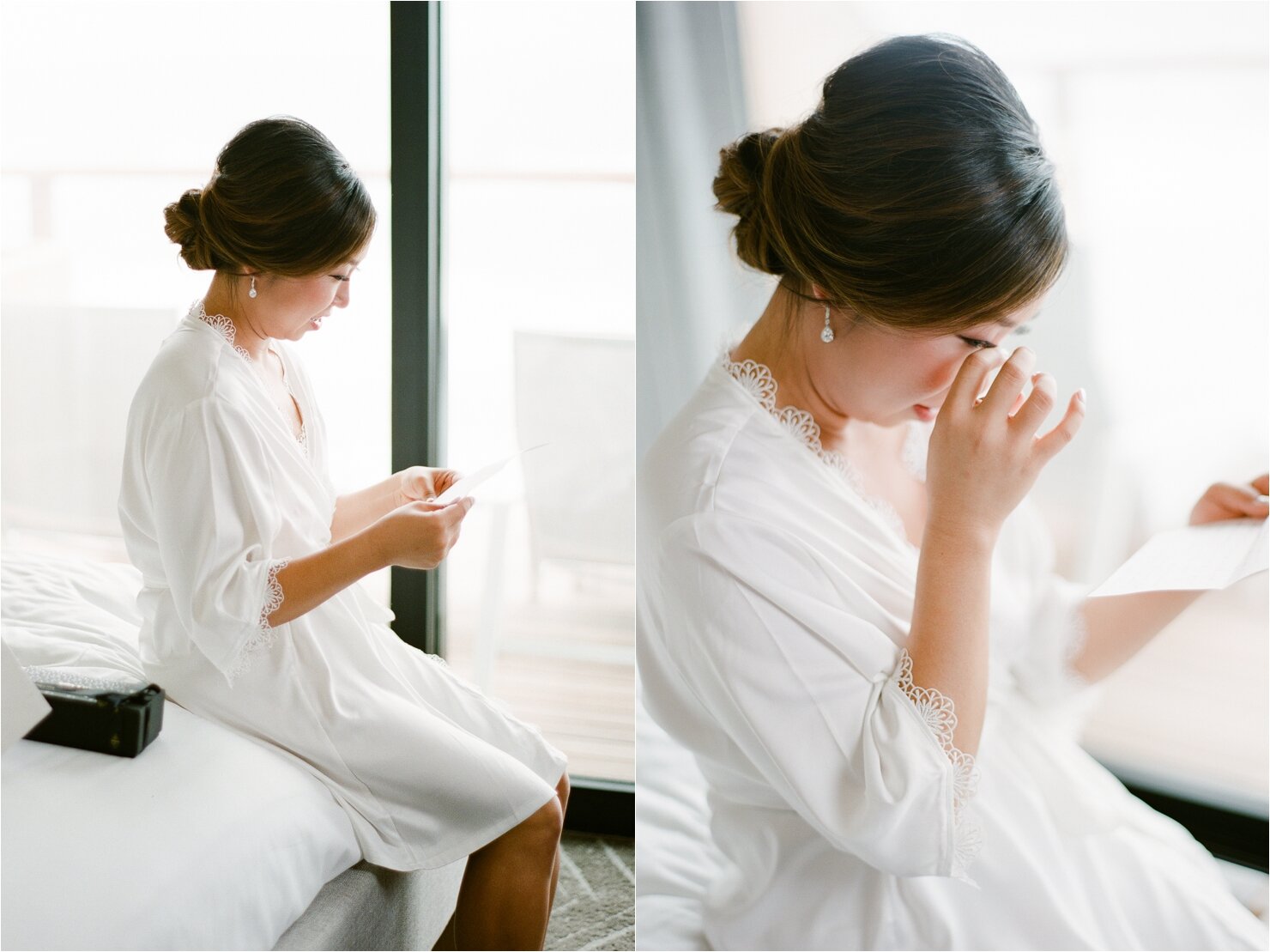 Bride Reading Groom's Note and Opening Wedding Gifts on Wedding Day