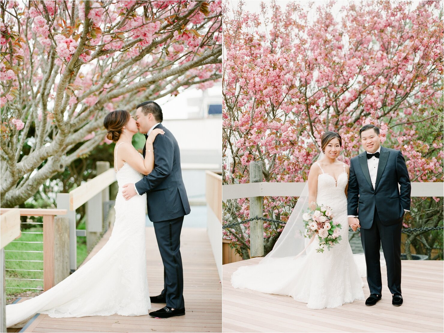 First Look Photo in front of Cherry Blossoms at Gurney's Montauk