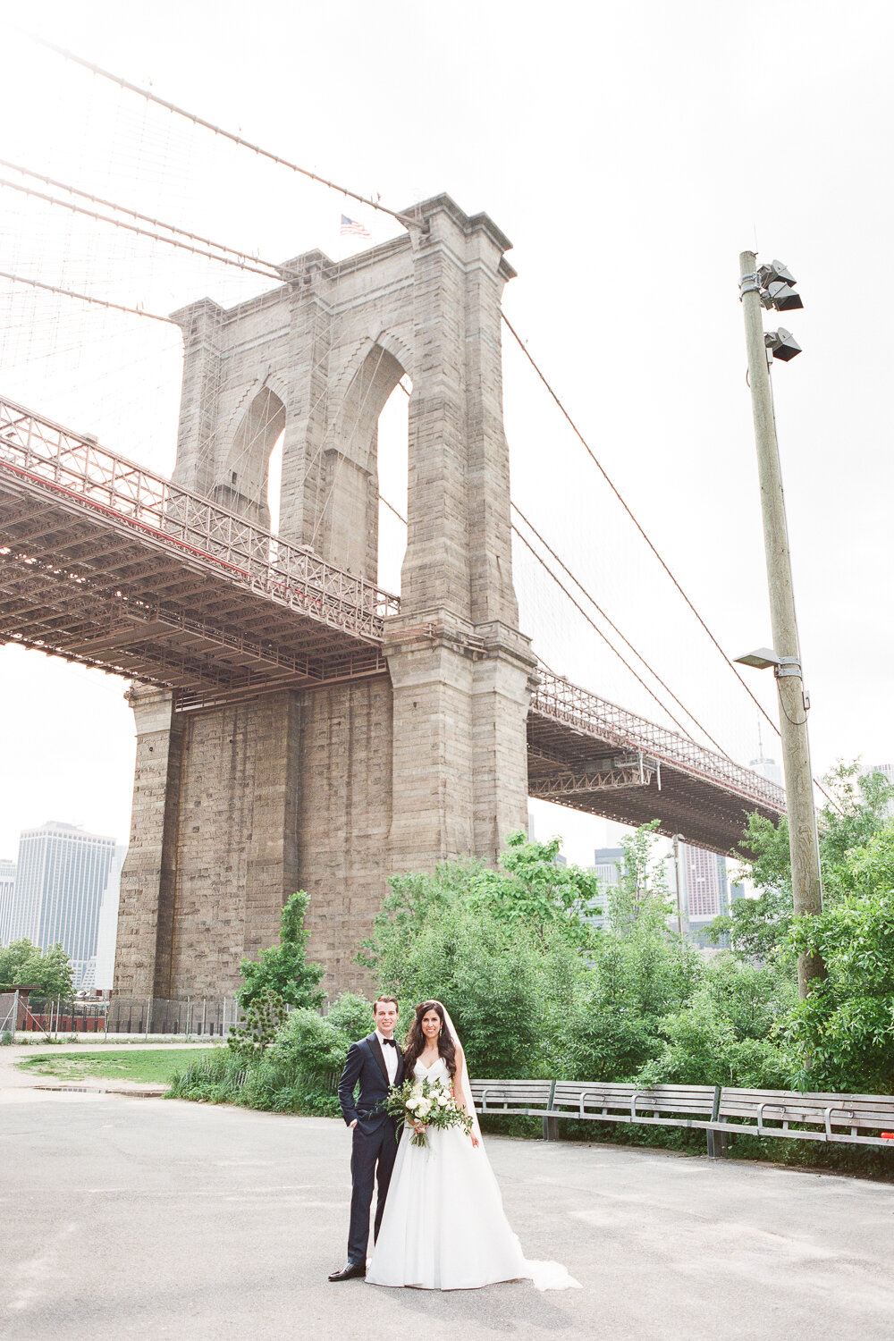 Bride and Groom Wedding Photos in front of Brooklyn Bridge