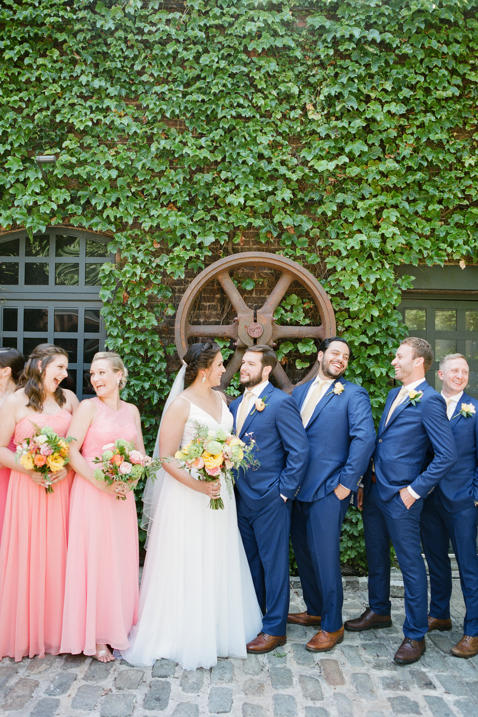 Bridal Party Photos Outside in Courtyard at The Foundry