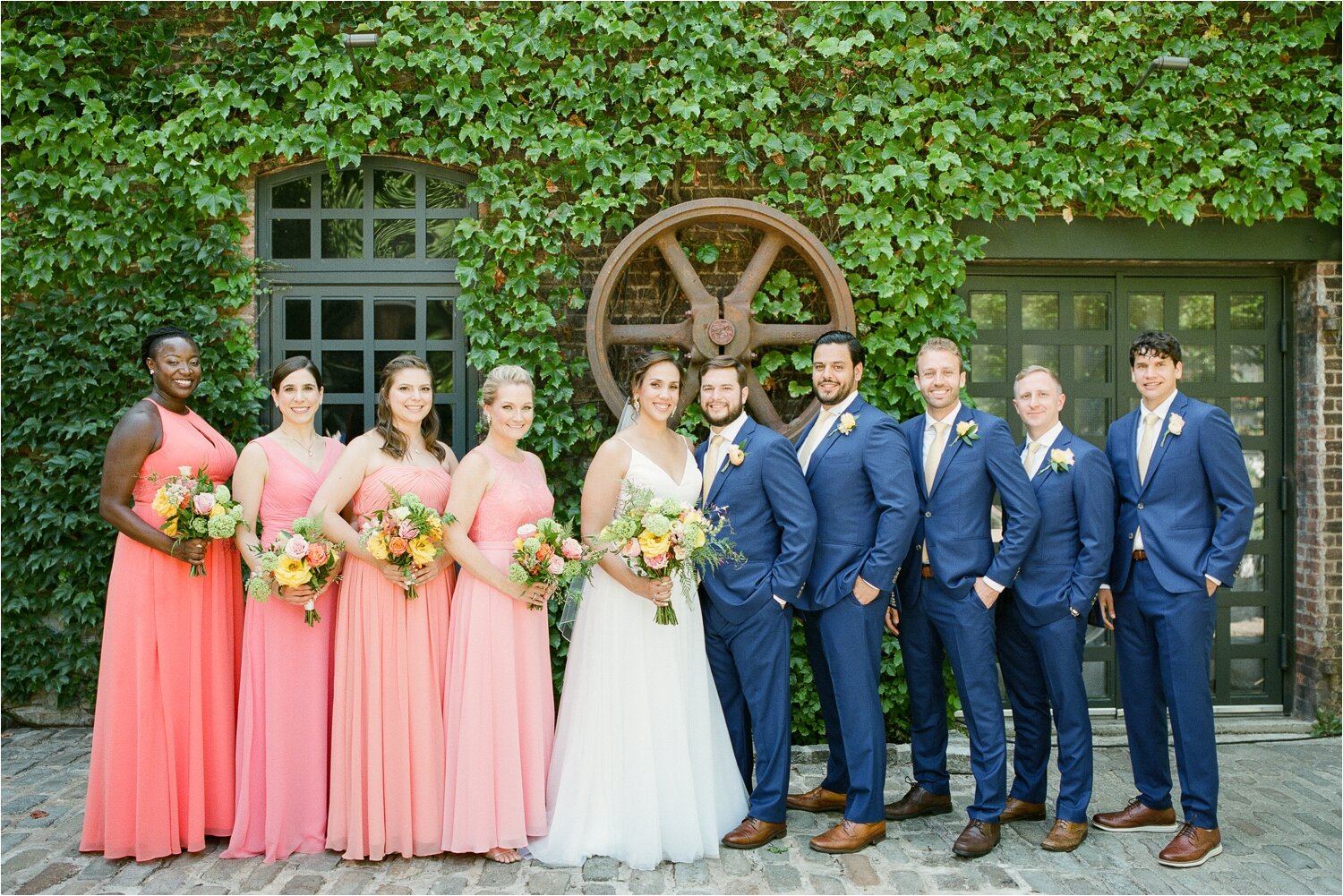 Bridal Party Photos Outside in Courtyard at The Foundry