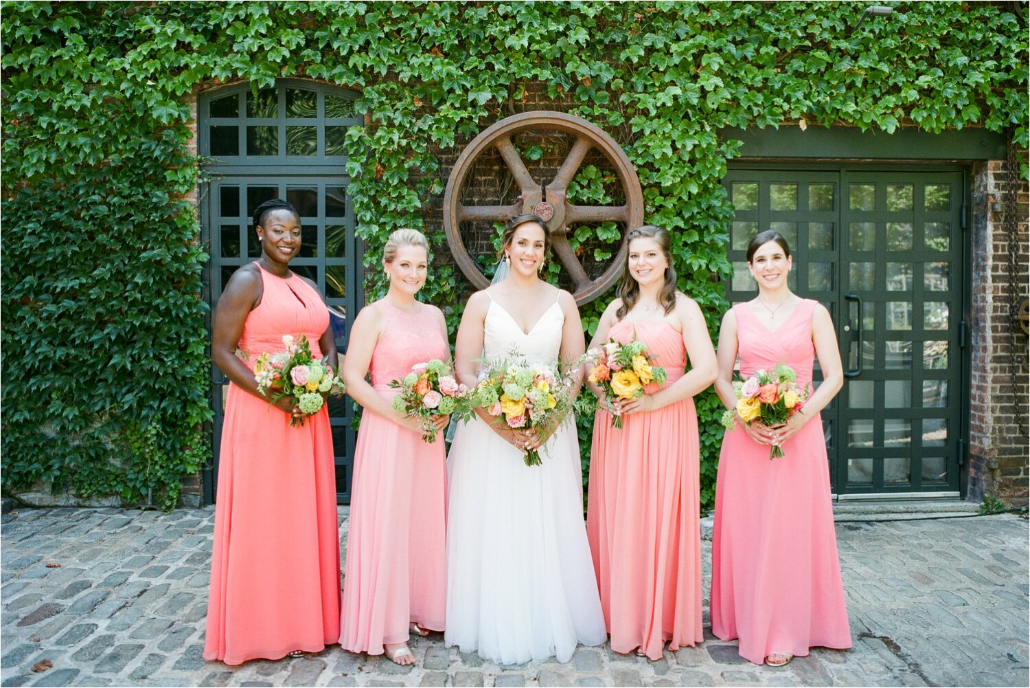 Coral Bridesmaids Dresses with Bright Wedding Bouquets