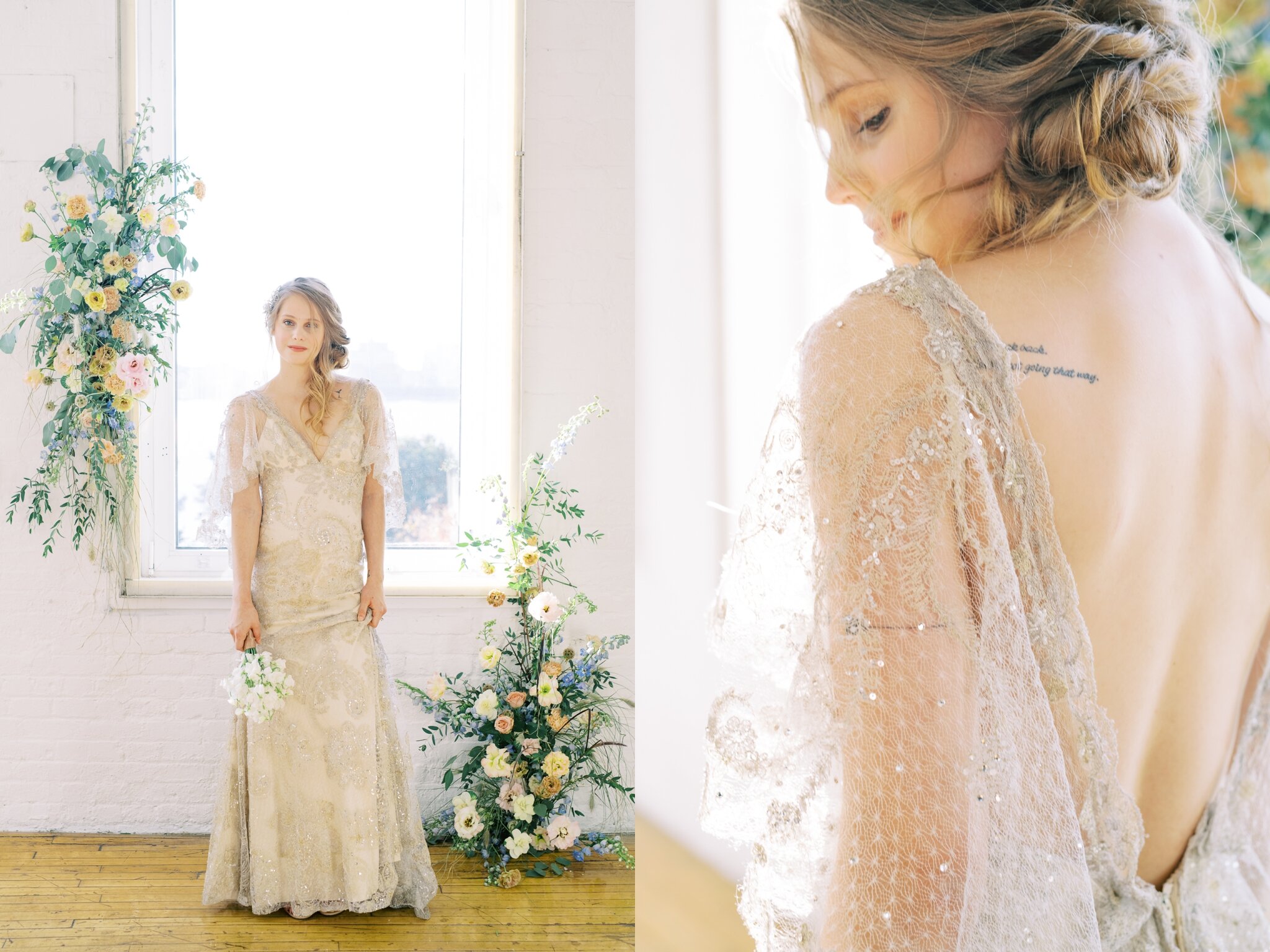 Close up of Bride wearing lace wedding dress
