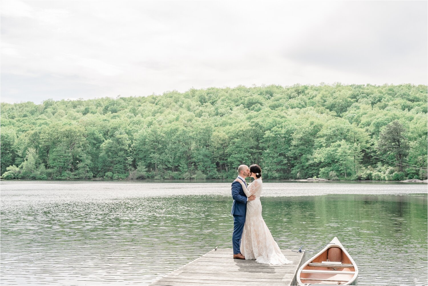 Bride and Groom Photos by the private lake at Cedar Lakes Estate