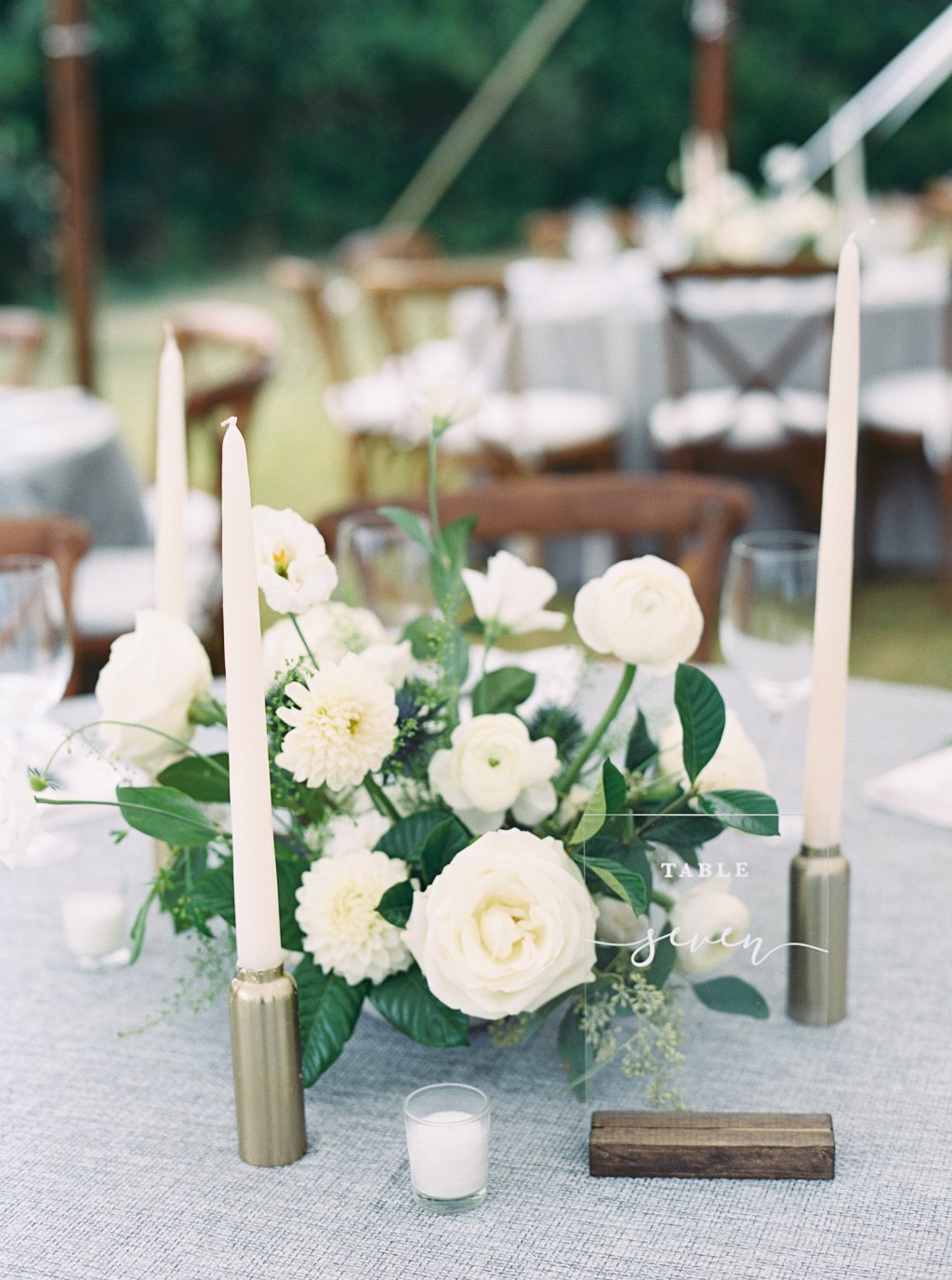 Table Centerpiece Close Up in Tented Wedding Reception Venue