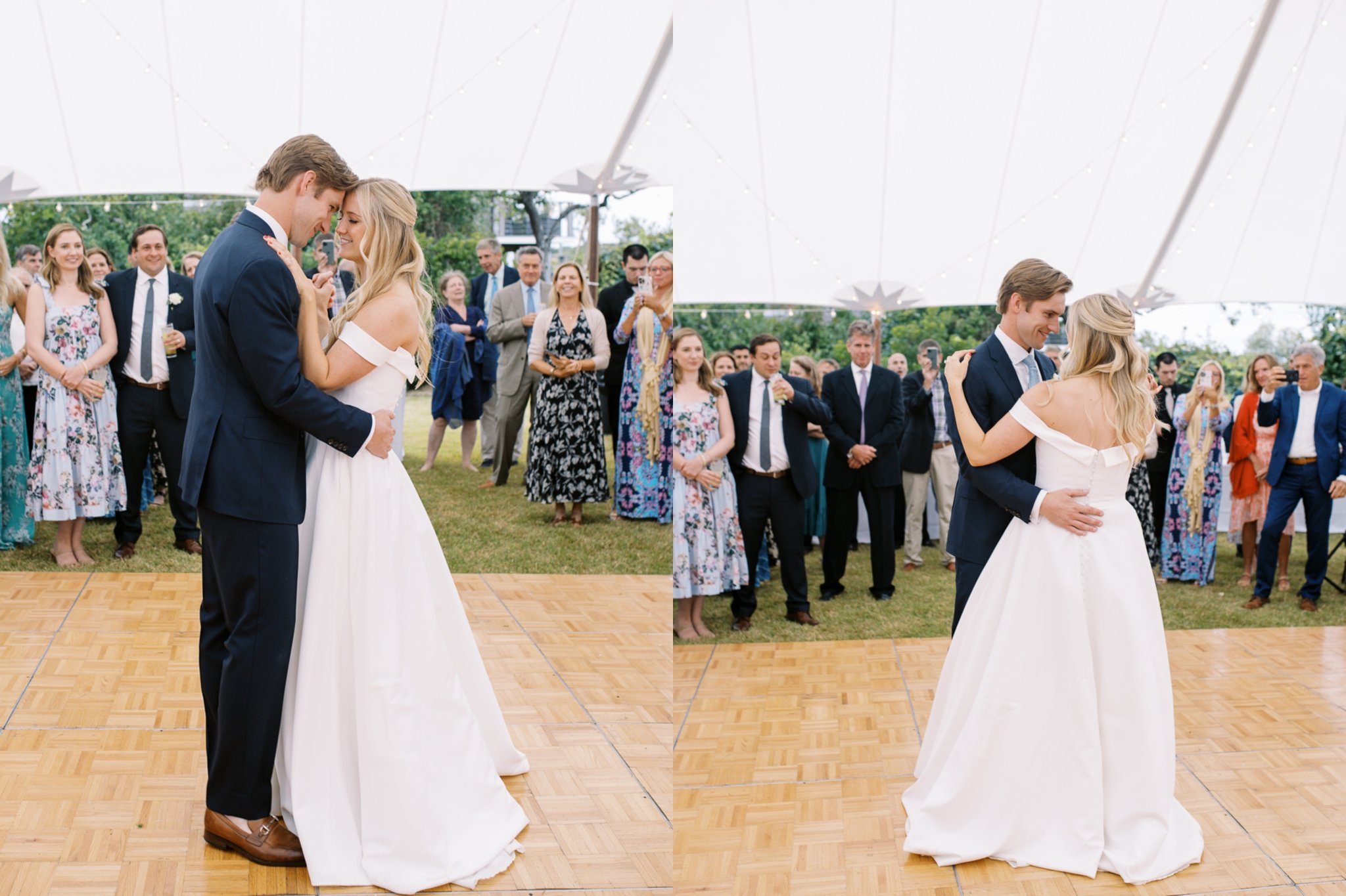 Couple Sharing First Dance under Tented Wedding Reception