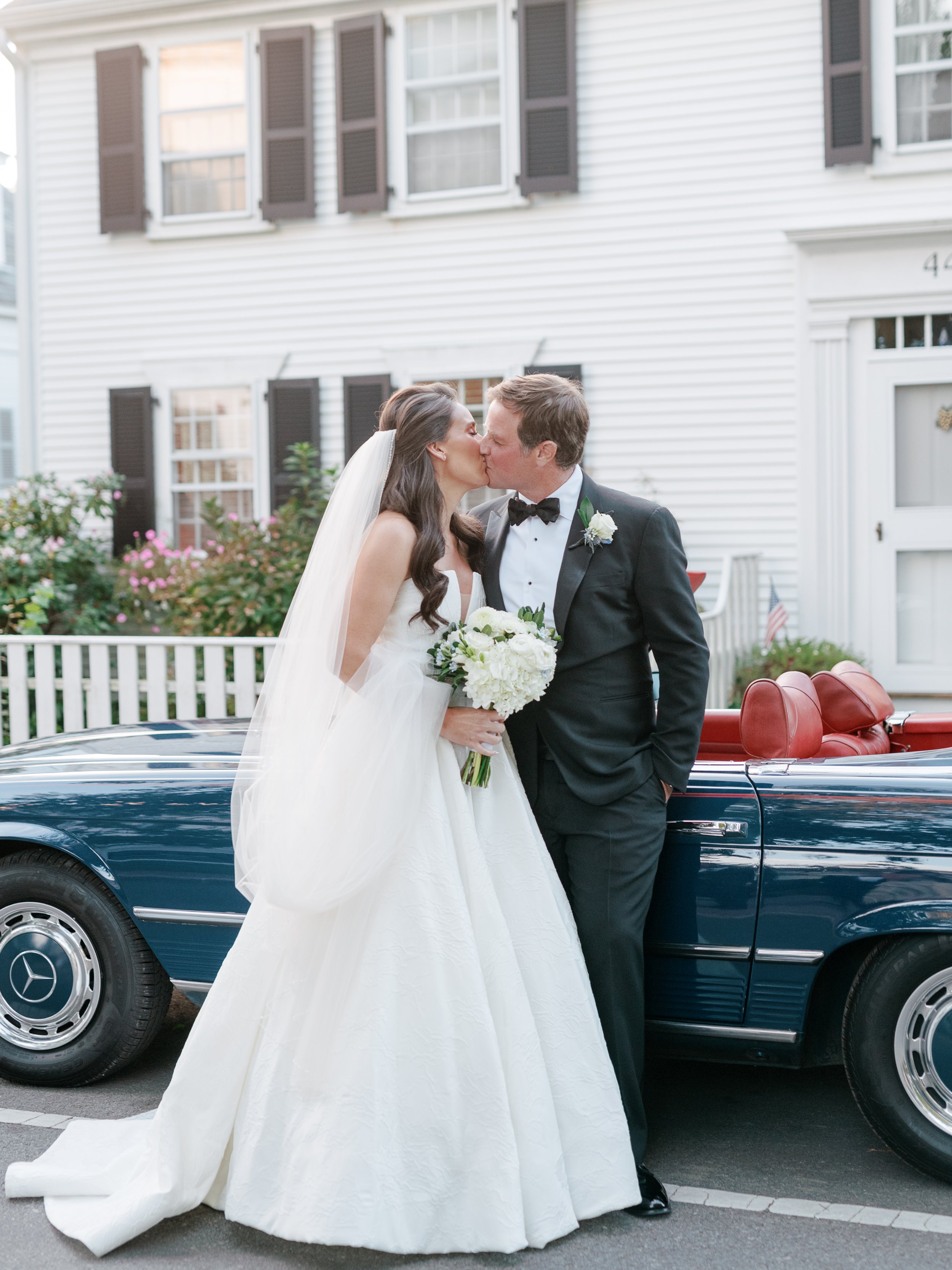 Bride and Groom in front of Vintage Mercedes in Martha's Vineyard