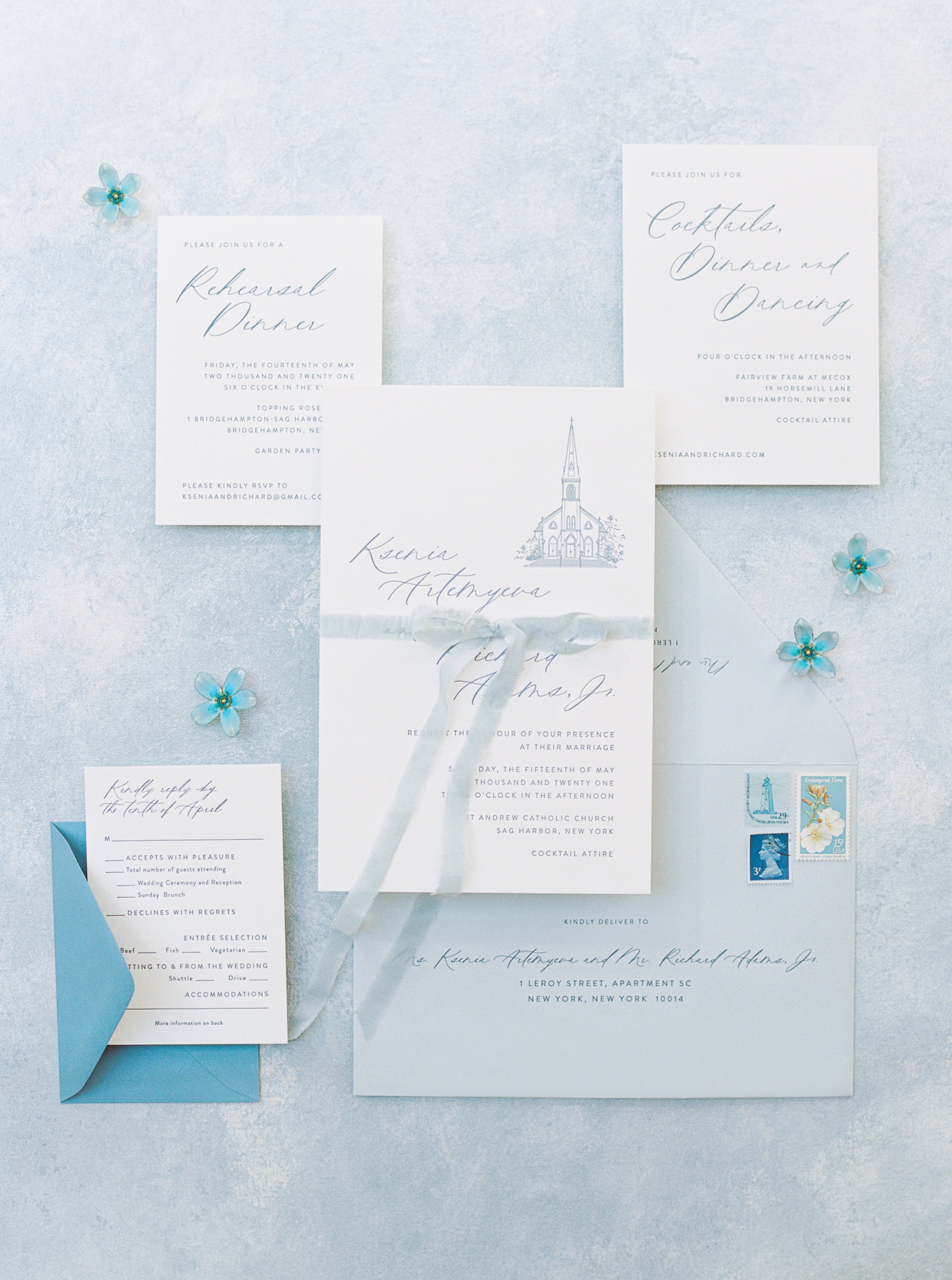 Blue and White Hand Drawn Wedding Invitations