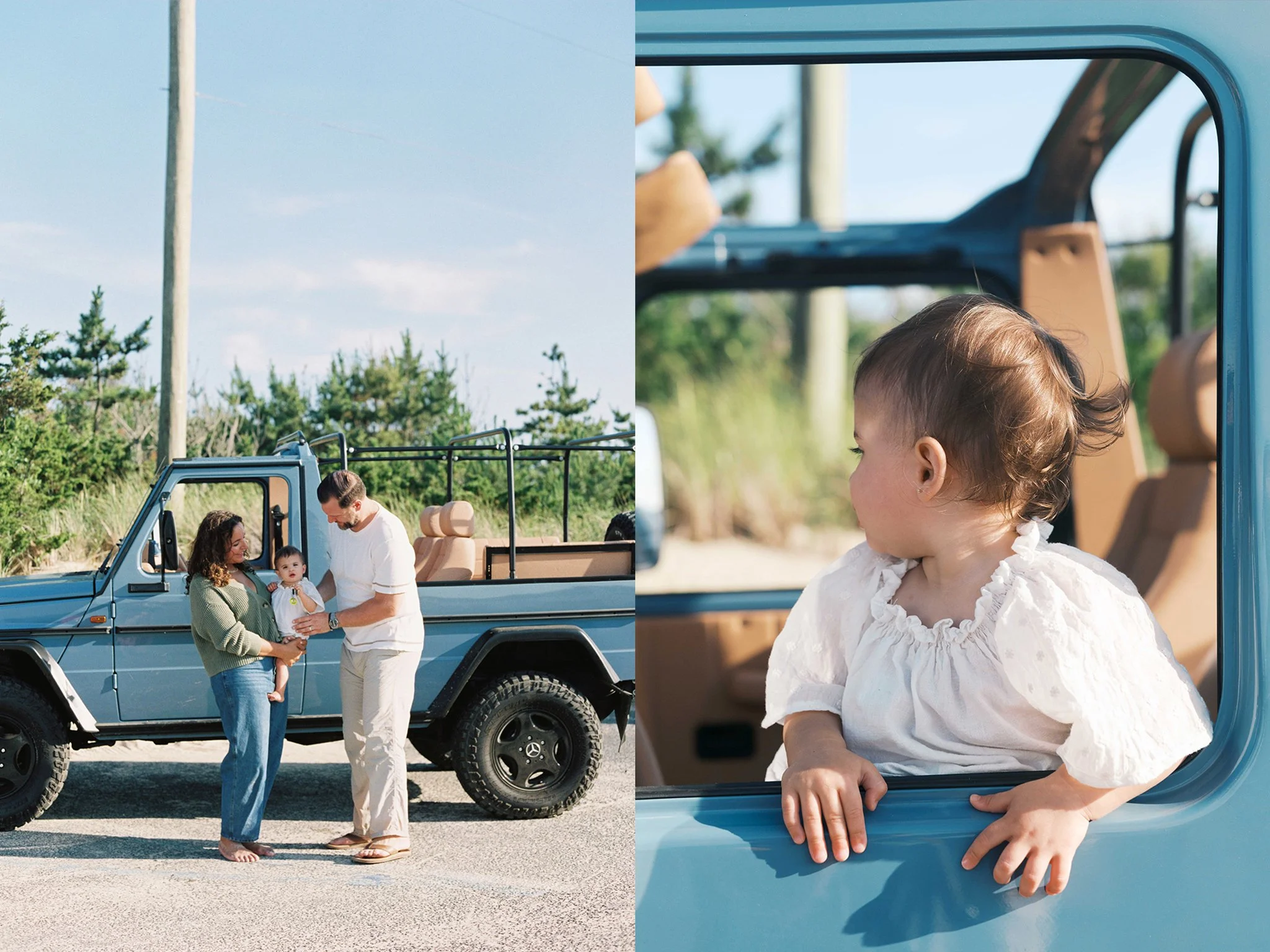 Parents with Baby and their Vintage Blue Beach Rover
