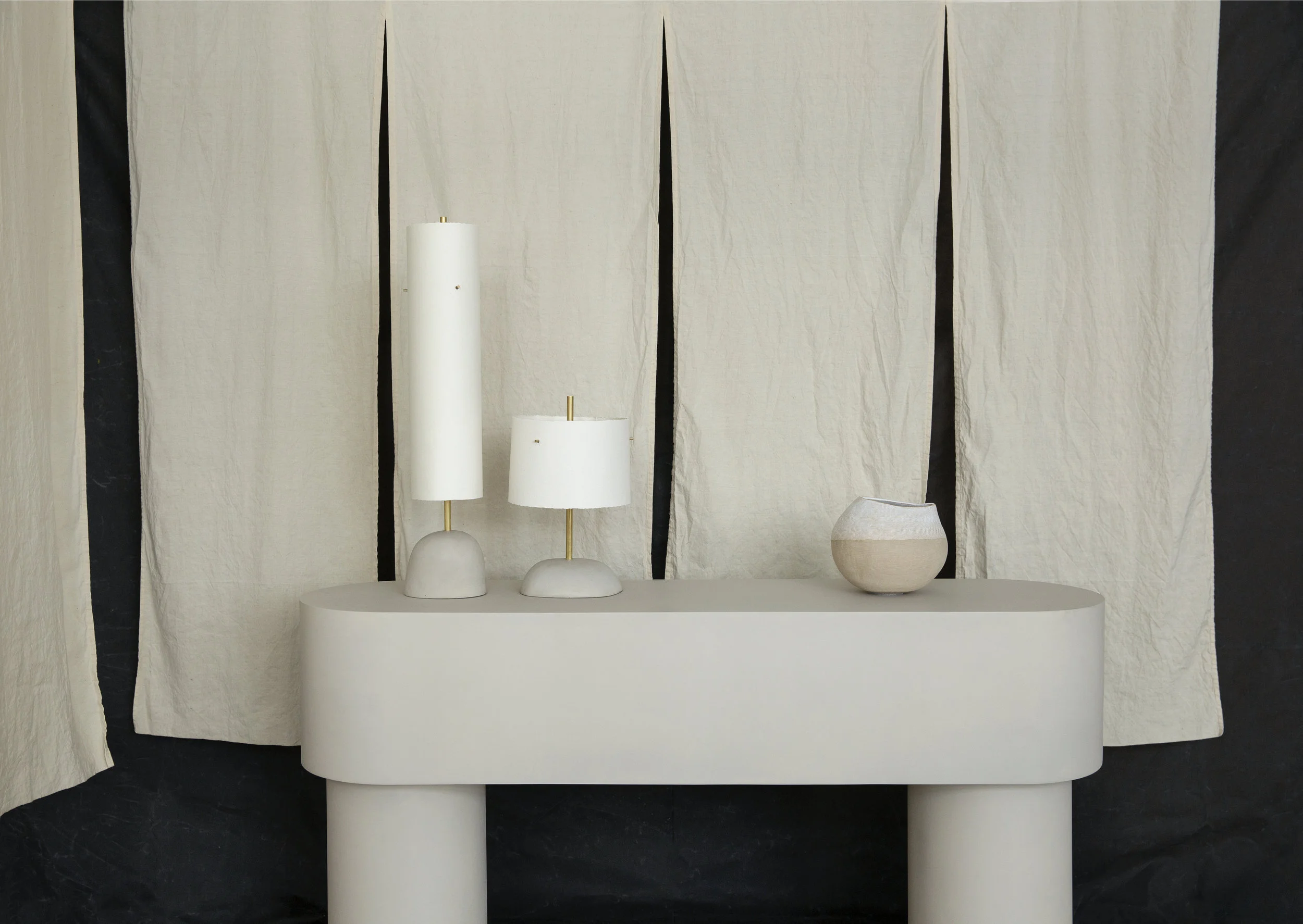 Pilotis Console Table and Holm lights by Malgorzata Bany