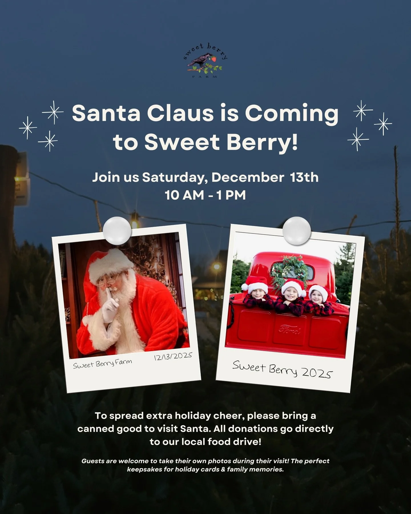 Santa Claus is coming to Sweet Berry Farm!✨Join us on Saturday, December 13th, 10 AM &ndash; 1 PM 🎄 To spread extra holiday cheer, please bring a canned good to visit Santa. All donations go directly to our local food drive!

Warm up with our gourme