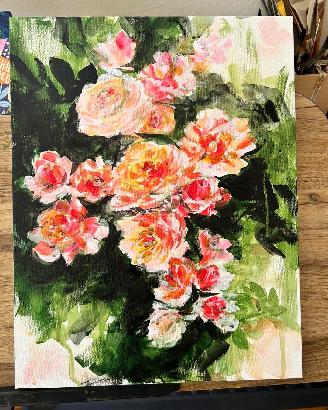 Work in progress  of an acrylic painting inspired by my walk through a rose garden. I&rsquo;m not sure if I want to add other flowers in or fade in a portrait &hellip;. 

What would you do if you were me?
.
.
.
#artinprogress #flowerspainting #rosega