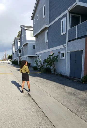 Midi Black Dress // Olive Bomber Jacket 