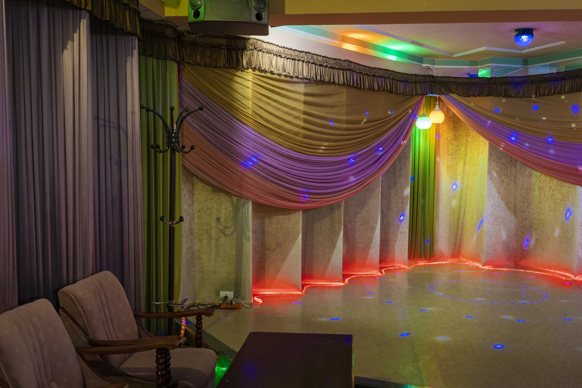 An empty dancing floor in a hotel on the East Coast in Wŏnsan city.
