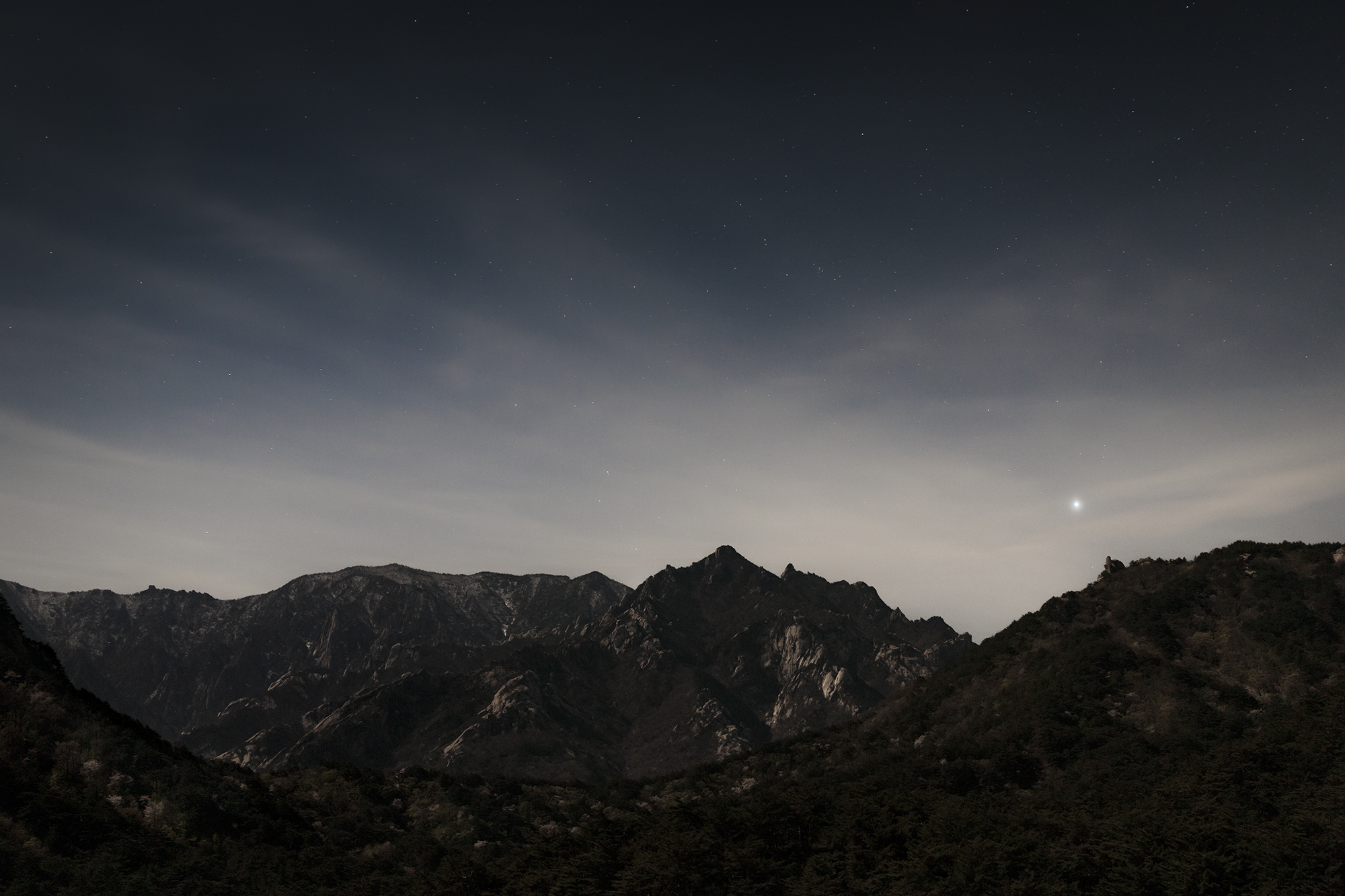 A photograph of the Mount Kumgang at night, the second highest mountain in North Korea with its 1,638-metre-high peak. Kangwŏn Province.