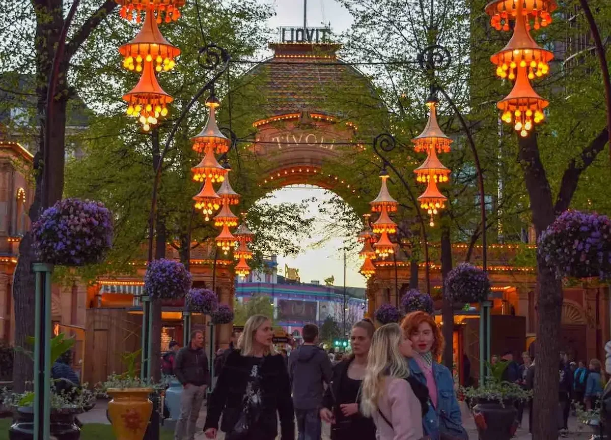 Illuminated rides and gardens at Tivoli Gardens, Copenhagen