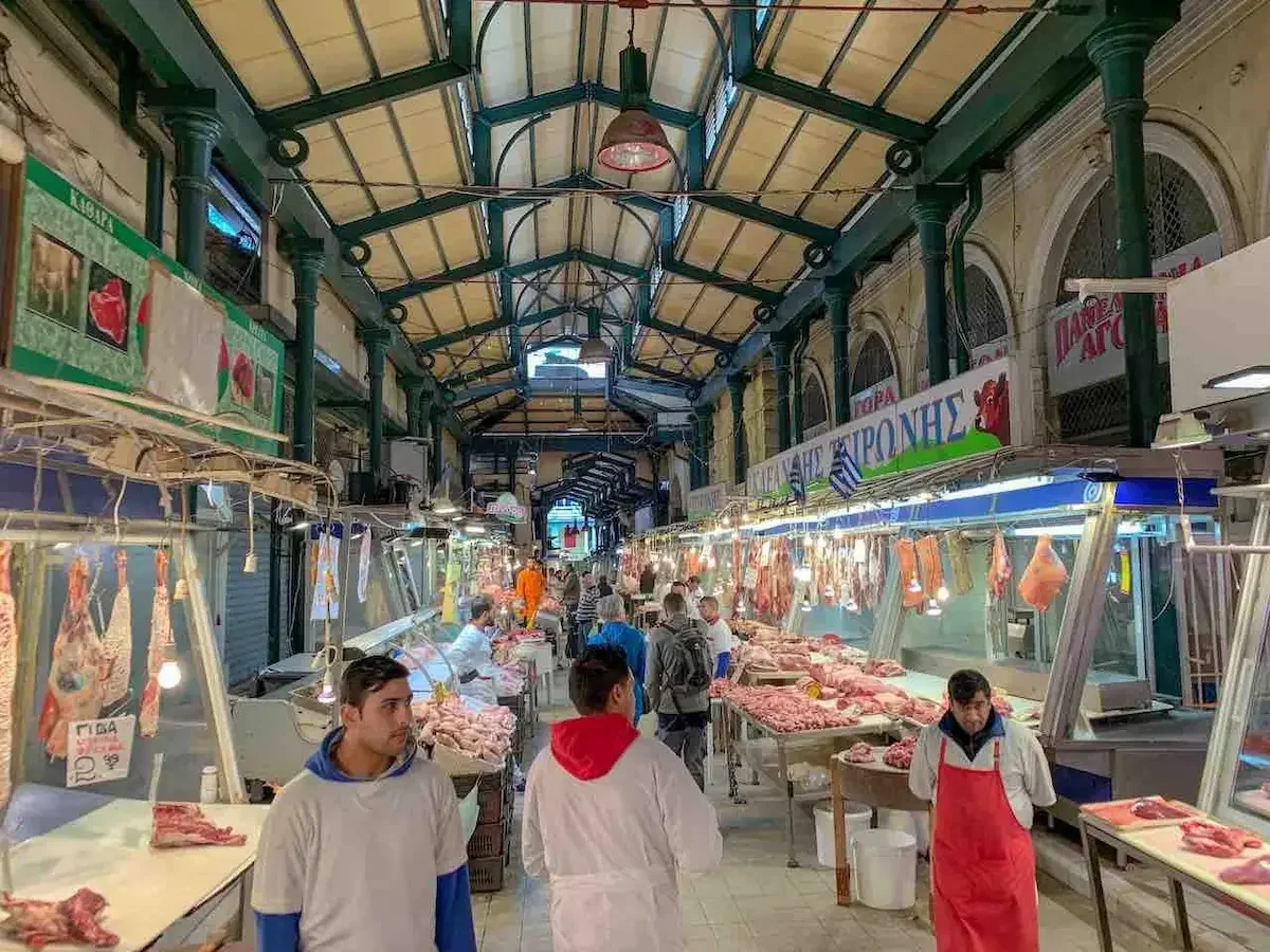 Stalls inside Athens Central Market on Athinas Street