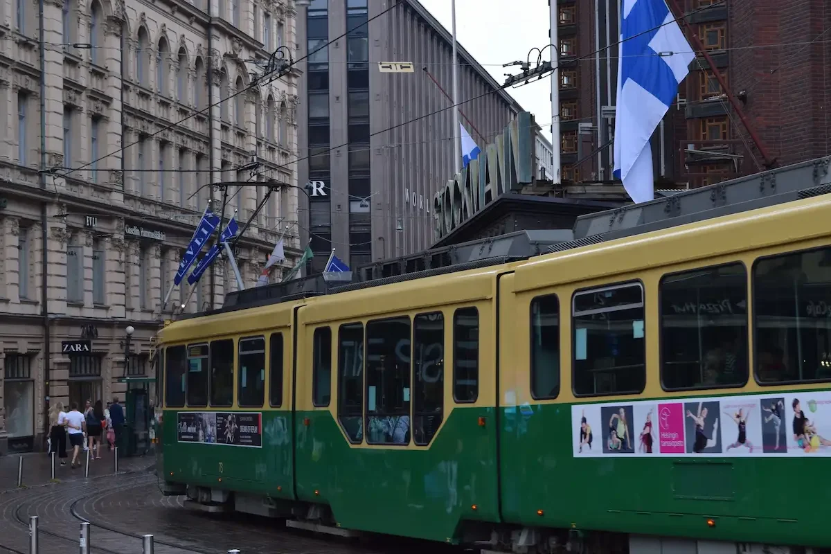 A tram in the city centre of Helsinki