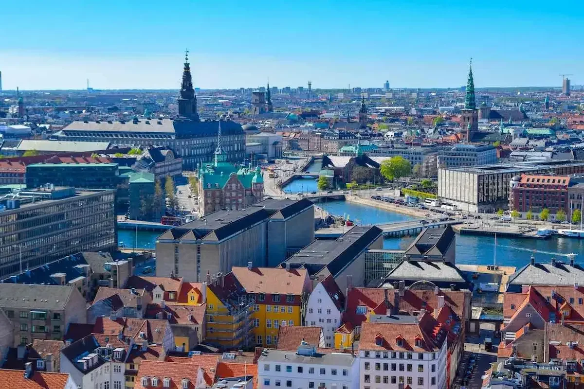 View over Copenhagen rooftops and harbour from the top of the Church of Our Saviour