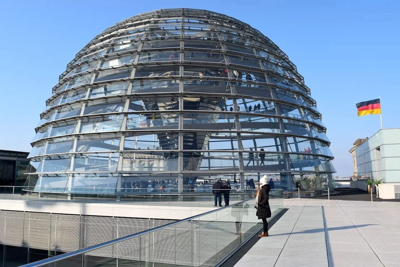 Exterior of the Reichstag building in Berlin with its glass dome on top