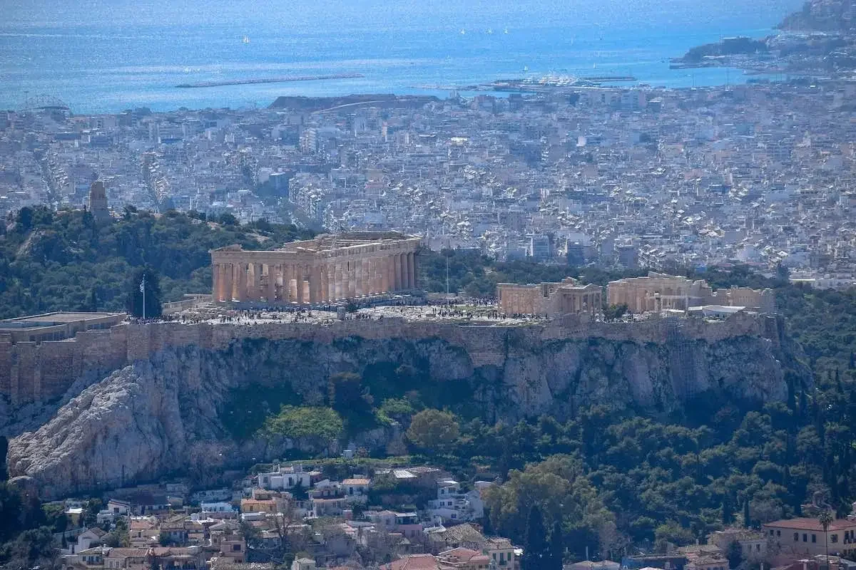 View of central Athens and the Acropolis from the top of Mount Lycabettus