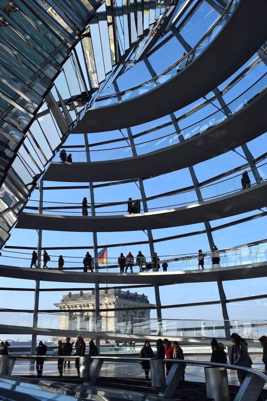 View through the windows of the Reichstag dome over central Berlin