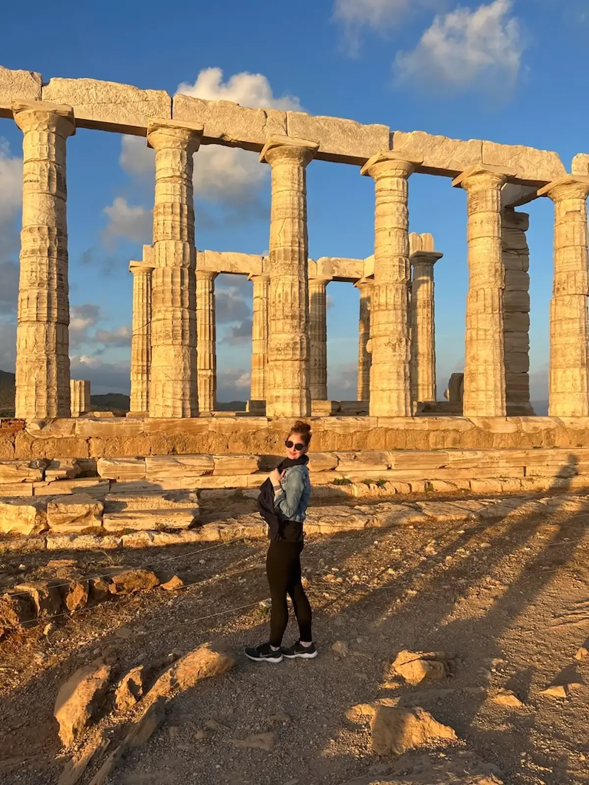 Amber at Cape Sounio at sunset