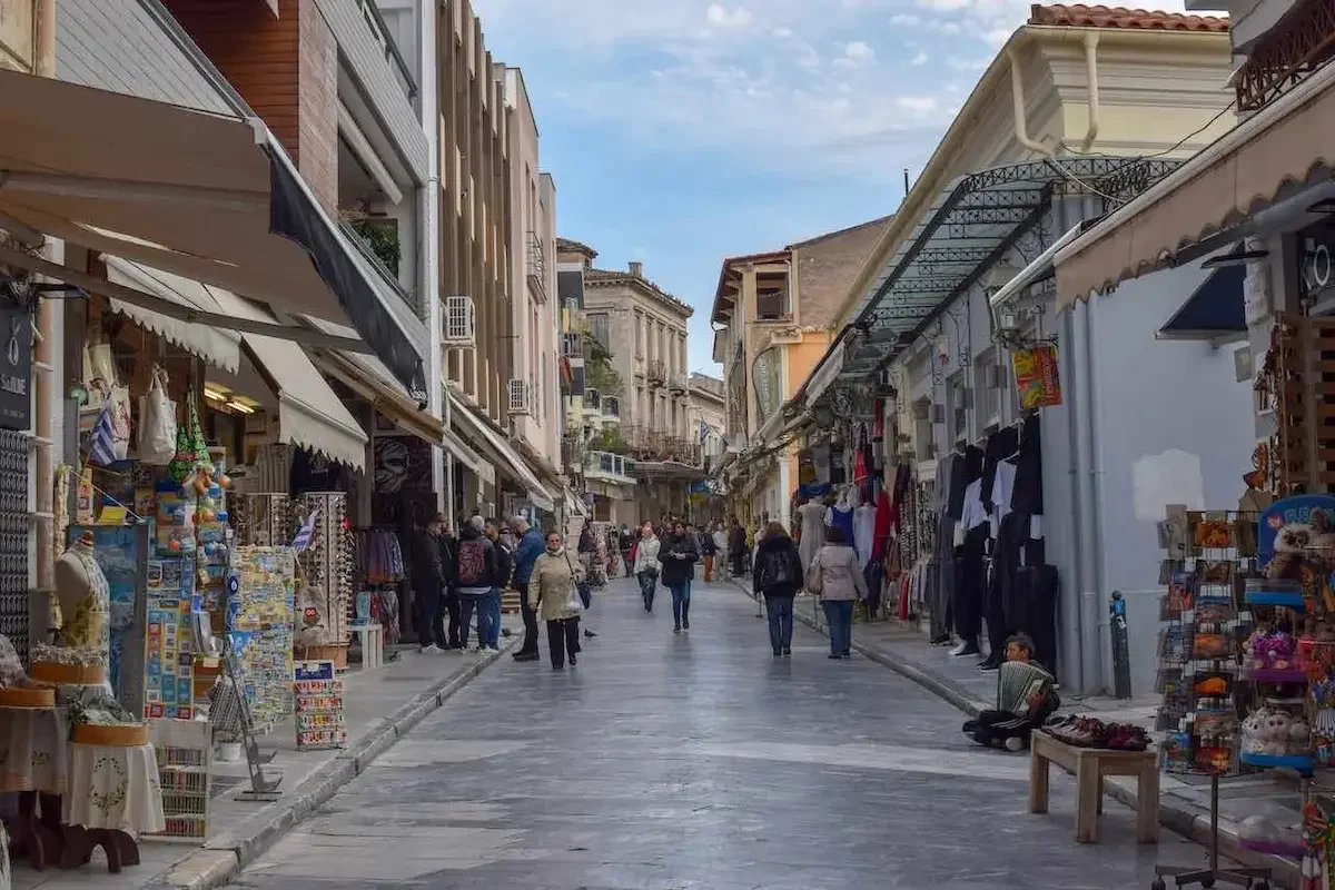 Cobbled Adrianou Street in the Plaka neighbourhood of Athens