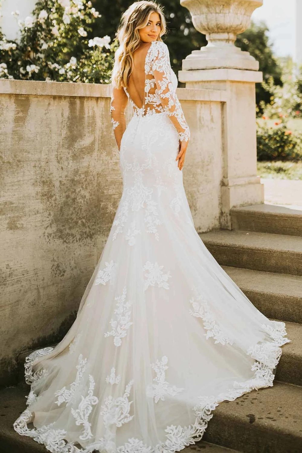 lace wedding dress mermaid style Lace Appliqué Sweetheart Mermaid Wedding Gown with Tulle Train