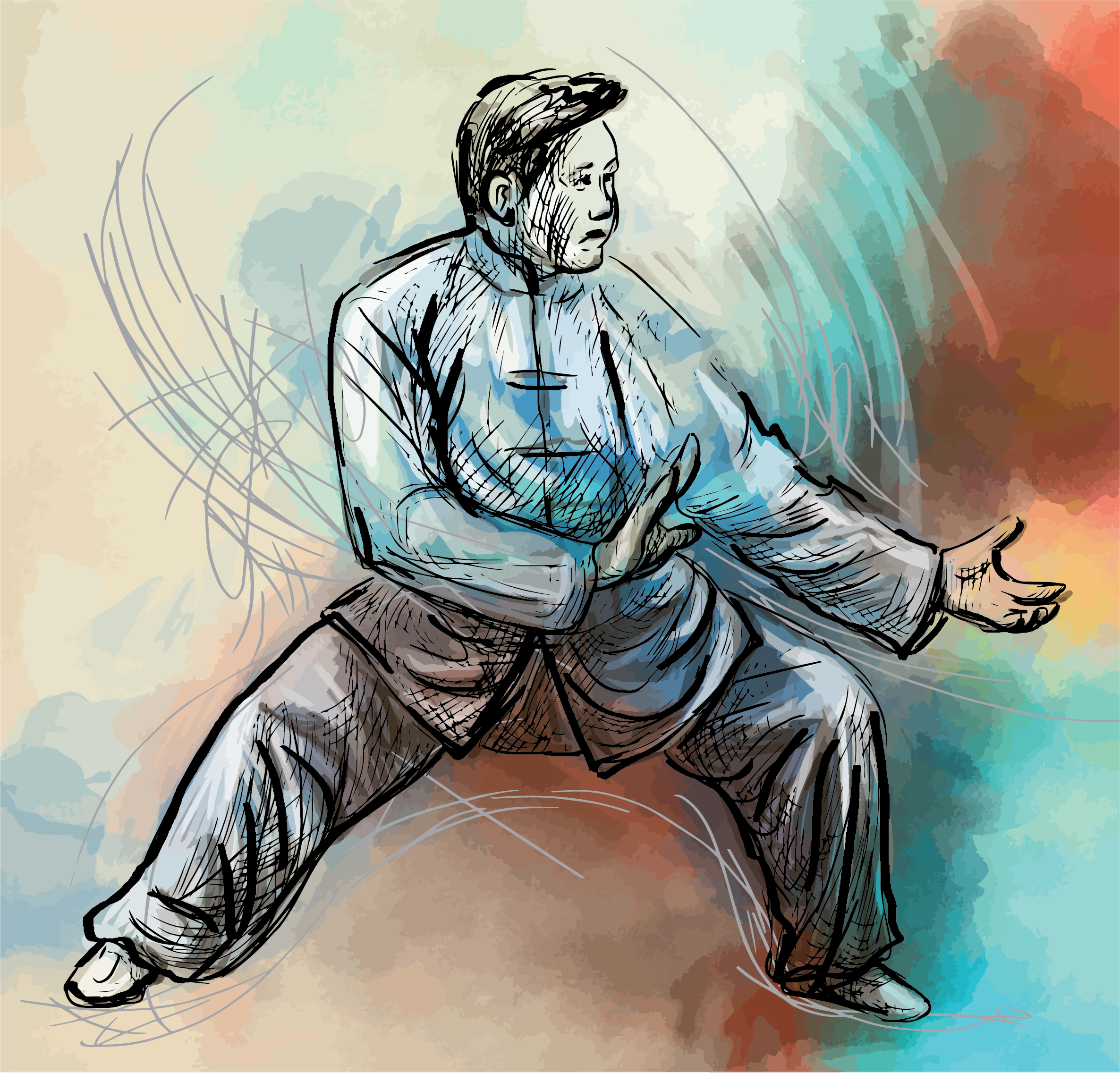 Sweep the front four meridians in order: Spleen up to same-side Lung; then Large Intestine across to opposite-side Stomach; then repeat starting at opposite-side Spleen