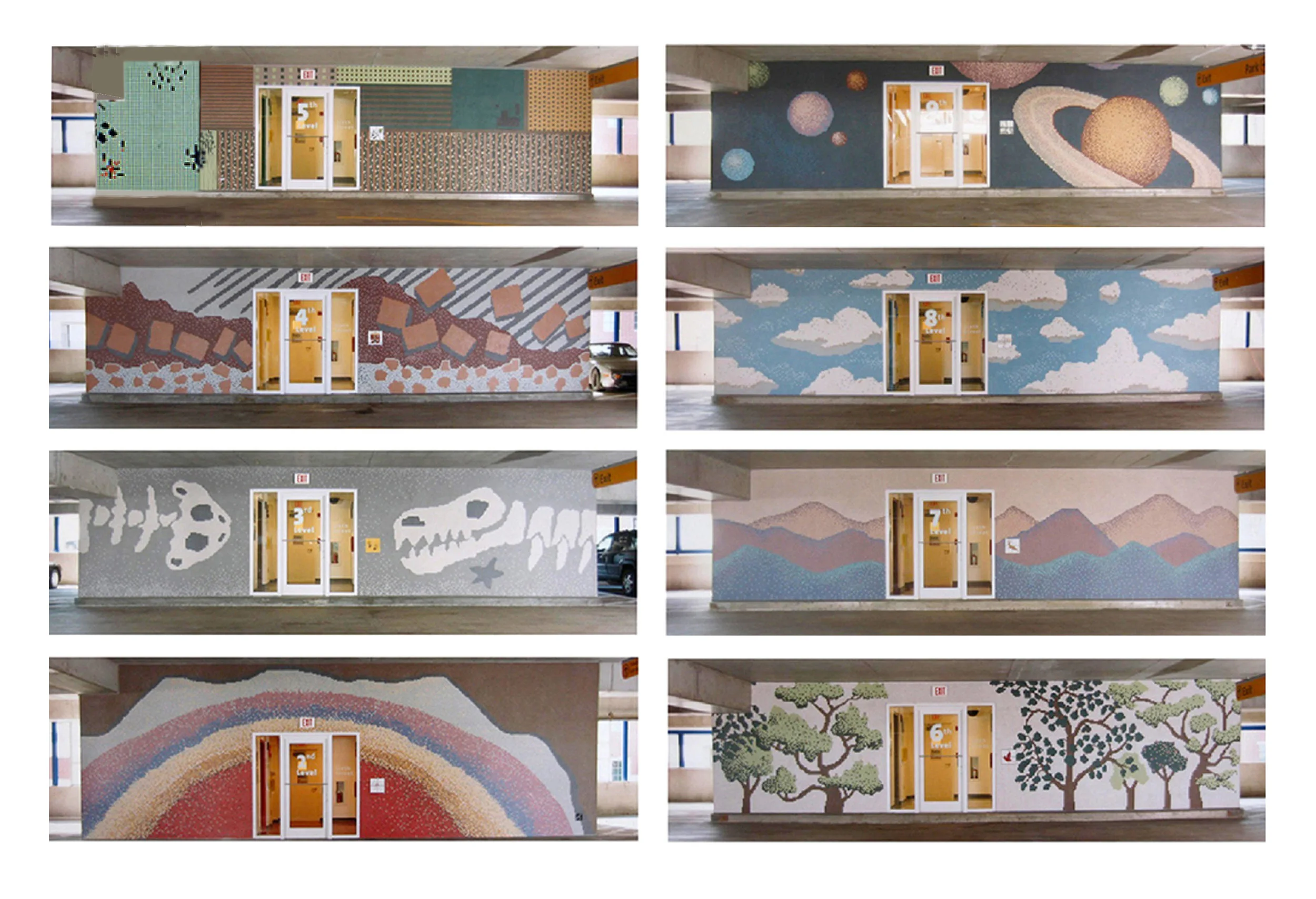 Wayfinding elevator banks for Nationsbank headquarters done in mosaic tiles: from the earth's core to the universe