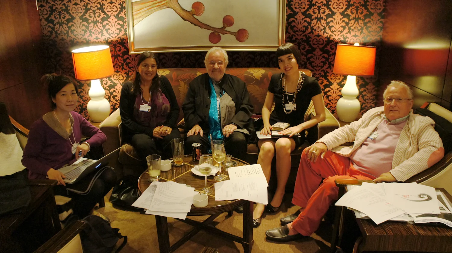 Rehearsal with my co-panelists for the "Art in Asia" panel. (L to R) Xing Danwen, Barbara Pollack, Roger Pfund and Pierre Keller.