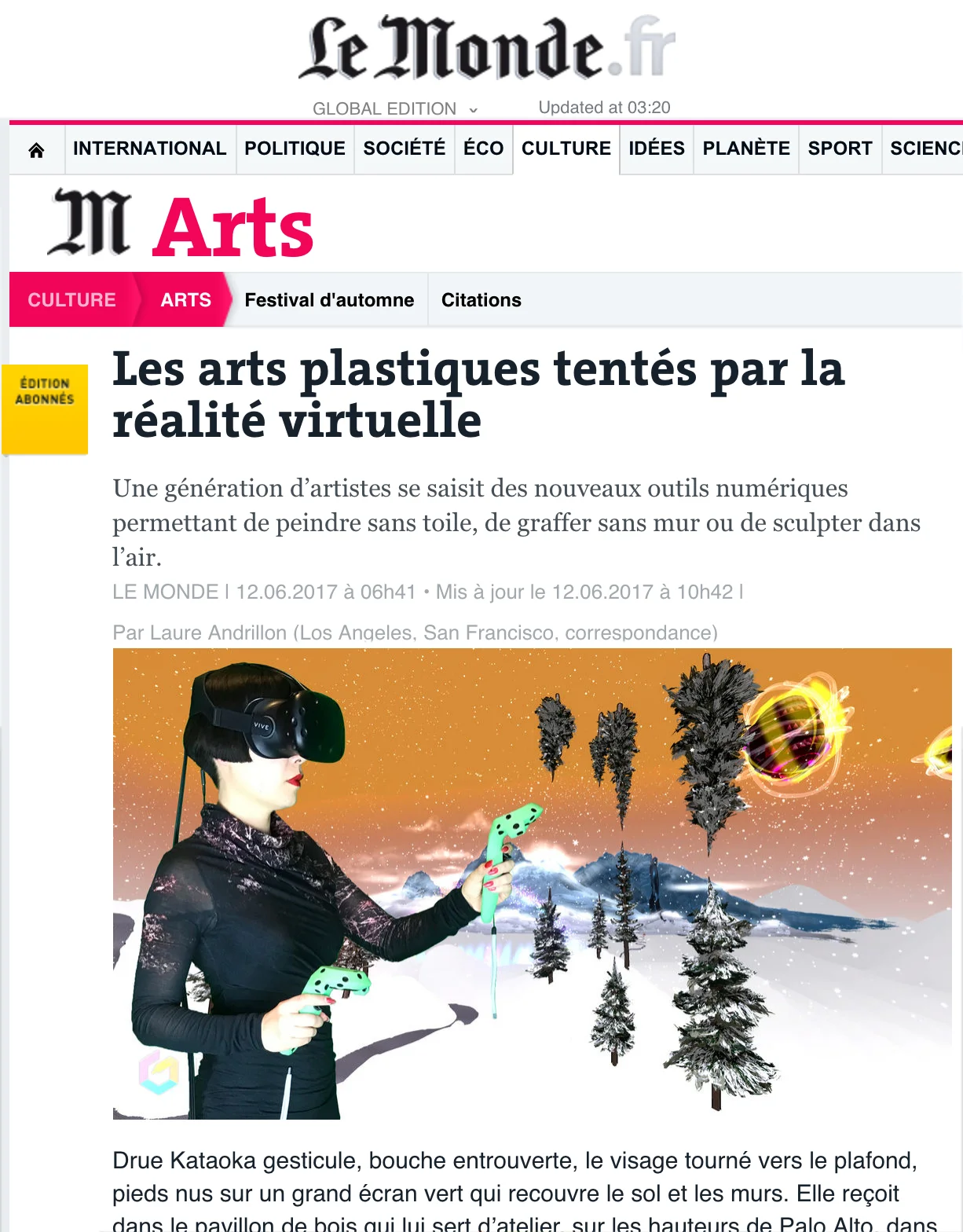 LE MONDE: Les arts plastiques tentés par la réalité virtuelle